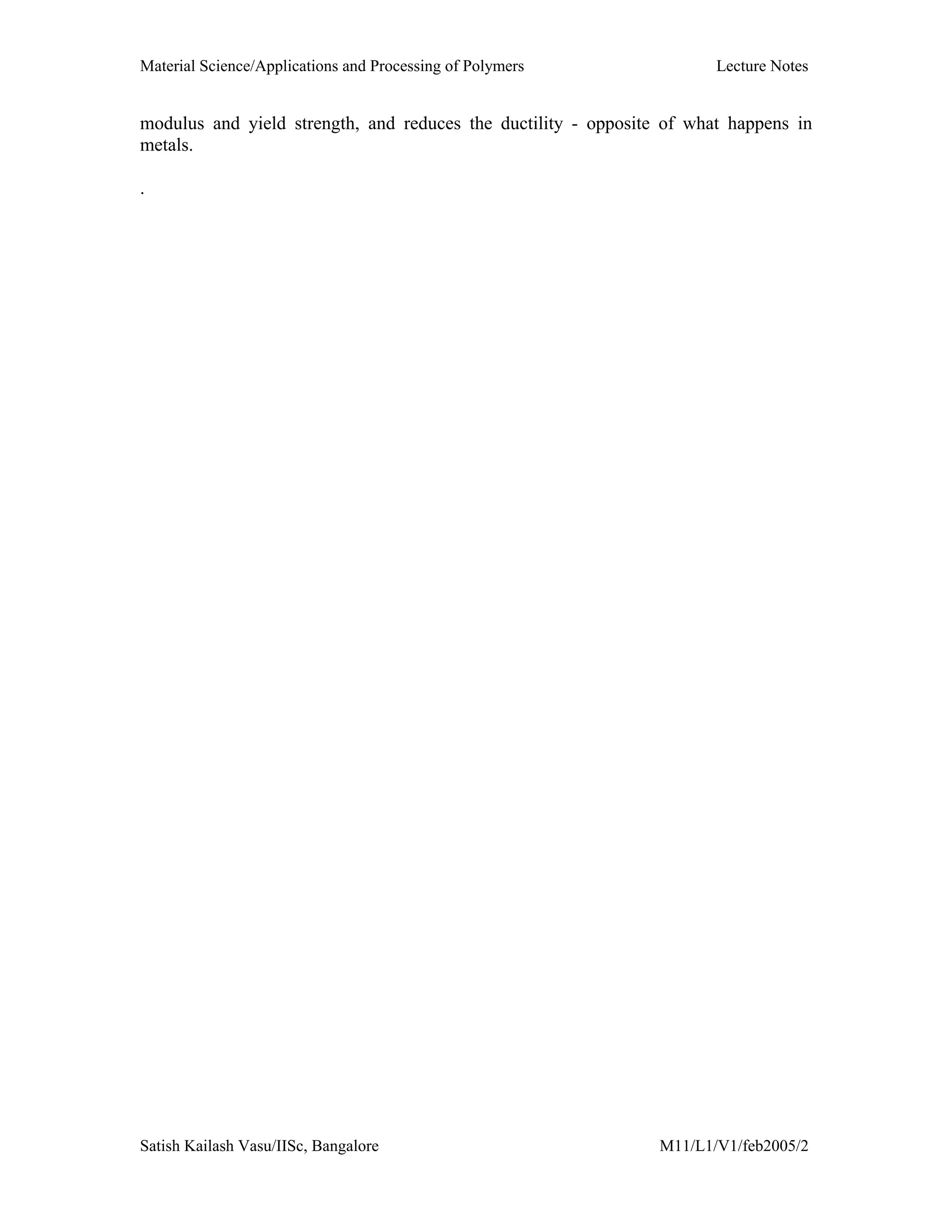 Material Science/Applications and Processing of Polymers Lecture Notes
Satish Kailash Vasu/IISc, Bangalore M11/L1/V1/feb2005/2
modulus and yield strength, and reduces the ductility - opposite of what happens in
metals.
.
 