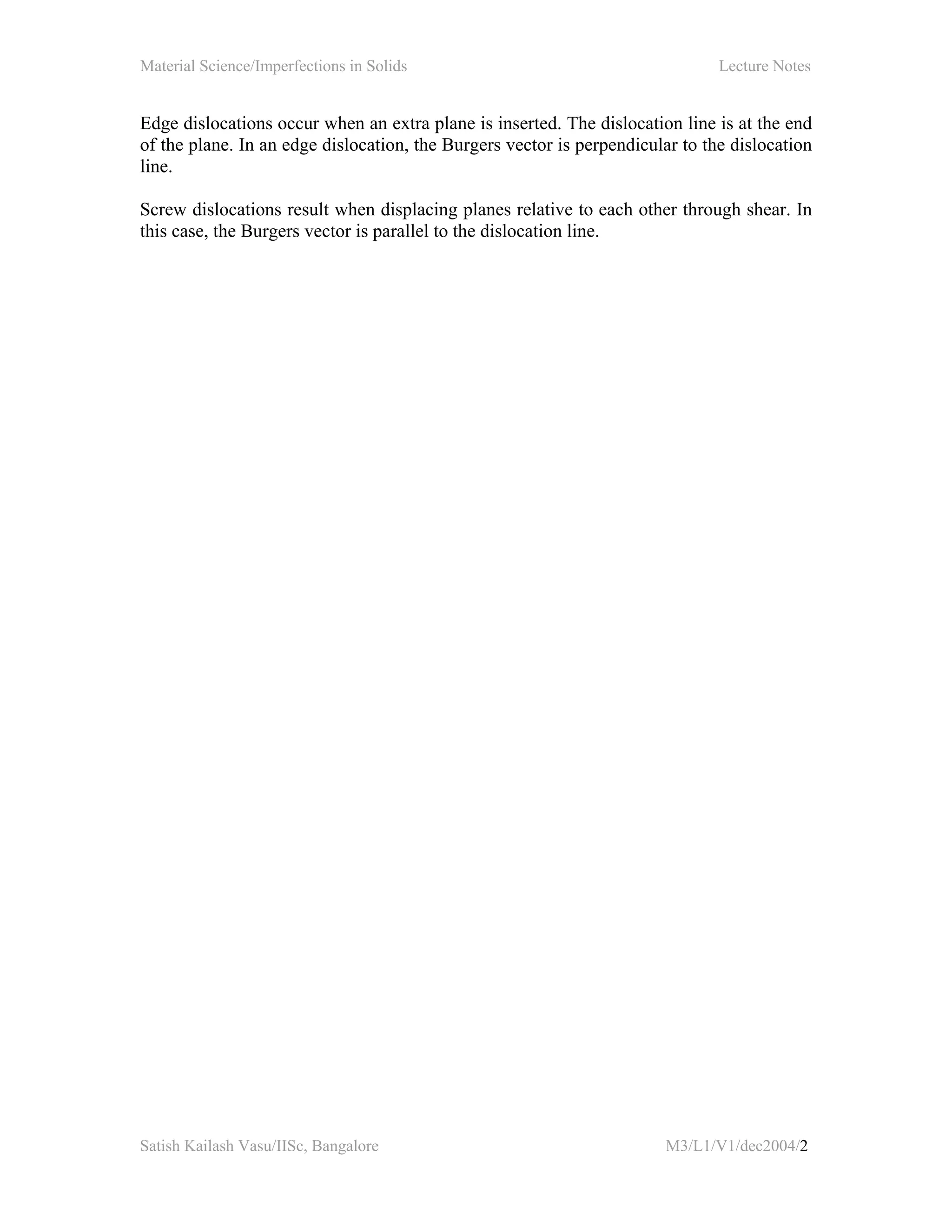 Material Science/Imperfections in Solids Lecture Notes
Satish Kailash Vasu/IISc, Bangalore M3/L1/V1/dec2004/2
Edge dislocations occur when an extra plane is inserted. The dislocation line is at the end
of the plane. In an edge dislocation, the Burgers vector is perpendicular to the dislocation
line.
Screw dislocations result when displacing planes relative to each other through shear. In
this case, the Burgers vector is parallel to the dislocation line.
 