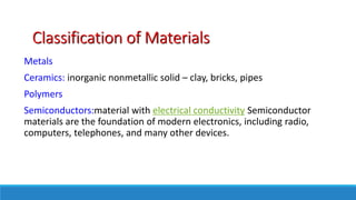 Classification of Materials
Metals
Ceramics: inorganic nonmetallic solid – clay, bricks, pipes
Polymers
Semiconductors:material with electrical conductivity Semiconductor
materials are the foundation of modern electronics, including radio,
computers, telephones, and many other devices.
 