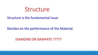 Structure
Structure is the fundamental issue
Decides on the performance of the Material.
DIAMOND OR GRAPHITE ?????
 
