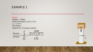 EXAMPLE 1
Givens
Weight = 1000N
Area of the beam is 2cm x 2cm
Lo = 1.75 m
Find delta L
Material Fe  youngs modulus
𝑆𝑡𝑟𝑒𝑠𝑠
𝑠𝑡𝑟𝑎𝑖𝑛
=
𝐹
𝐴
𝐿
𝐿𝑜
=
1000
2 𝑥 2 𝑥 10−4
?
1.75
D
 