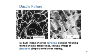 (a) SEM image showing spherical dimples resulting
from a uniaxial tensile load. (b) SEM image of
parabolic dimples from shear loading.
16
Ductile Failure
 