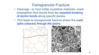 18
Transgranular Fracture
• Cleavage - in most brittle crystalline materials, crack
propagation that results from the repeated breaking
of atomic bonds along specific planes.
• This leads to transgranular fracture where the crack
splits (cleaves) through the grains.
 