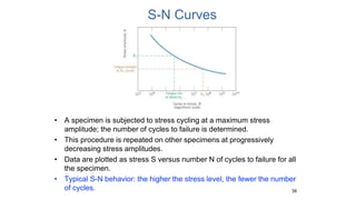 • A specimen is subjected to stress cycling at a maximum stress
amplitude; the number of cycles to failure is determined.
• This procedure is repeated on other specimens at progressively
decreasing stress amplitudes.
• Data are plotted as stress S versus number N of cycles to failure for all
the specimen.
• Typical S-N behavior: the higher the stress level, the fewer the number
of cycles. 38
S-N Curves
 