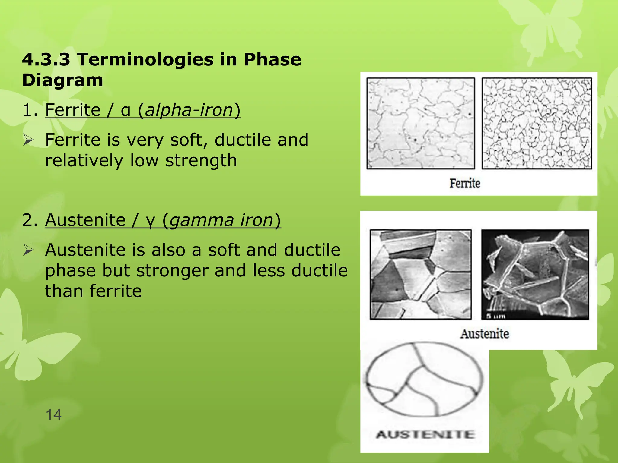 4.3.3 Terminologies in Phase
Diagram
1. Ferrite / α (alpha-iron)
 Ferrite is very soft, ductile and
relatively low strength
2. Austenite / γ (gamma iron)
 Austenite is also a soft and ductile
phase but stronger and less ductile
than ferrite
14
 