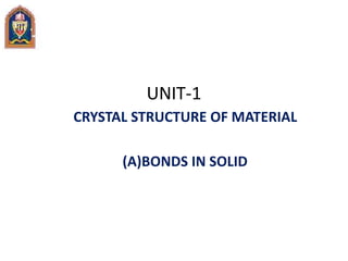 UNIT-1
CRYSTAL STRUCTURE OF MATERIAL
(A)BONDS IN SOLID
 
