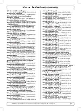 Current Publications (alphabetically) 
11th International Ceramics Congress 
978-3-908158-01-1, 2006, 2750 pp, US$647.00/€469.00 
A Diffusion-Data Source-Book 
978-3-908451-08-2, 2005, 378 pp, US$246.00/€178.00 
A New Sight towards Dye-sensitized Solar Cells: 
Material and Theoretical 
978-0-87849-247-3, 2011, 150 pp, US$124.00/€90.00 
A Physicist’s Outlook on New Materials 
978-0-87849-615-0, 1991, 222 pp, US$138.00/€100.00 
A study of ion cluster theory of molten silicates and some 
inorganic substances 
978-0-87849-388-3, 2009, 284 pp, US$166.00/€120.00 
Abrasive Waterjet Machining of Engineering Materials 
978-0-87849-918-2, 2003, 114 pp, US$66.00/€48.00 
Acoustic Emission Testing 
978-0-87849-420-0, 2006, 452 pp, US$273.00/€198.00 
Advance in Ecological Environment 
Functional Materials and Ion Industry 
978-0-87849-282-4, 2010, 304 pp, US$166.00/€120.00 
Advanced Bioceramics in Nanomedicine and 
Tissue Engineering 
978-0-87849-270-1, 2010, 392 pp, US$218.00/€158.00 
Advanced Biomaterials VI 
978-0-87849-967-0, 2005, 710 pp, US$322.00/€233.00 
Advanced Biomaterials VII 
978-0-87849-436-1, 2007, 980 pp, US$411.00/€298.00 
Advanced Ceramic Materials 
978-0-87849-745-4, 1996, 590 pp, US$326.00/€236.00 
Advanced Ceramic Tools for Machining Application - I 
978-0-87849-684-6, 1994, 272 pp, US$160.00/€116.00 
Advanced Ceramic Tools for Machining Application - II 
978-0-87849-703-4, 1996, 284 pp, US$160.00/€116.00 
Advanced Ceramic Tools for Machining Application - III 
978-0-87849-768-3, 1998, 696 pp, US$326.00/€236.00 
Advanced Ceramics 
978-0-87849-547-4, 1991, 566 pp, US$276.00/€200.00 
Advanced Ceramics and Composites 
978-0-87849-924-3, 2003, 492 pp, US$232.00/€168.00 
Advanced Ceramics for Use in Highly Oxidizing and 
Corrosive Environment 
978-0-87849-870-3, 2001, 250 pp, US$127.00/€92.00 
Advanced Design and Manufacture II 
978-0-87849-310-4, 2010, 900 pp, US$412.00/€298.00 
Advanced Design and Manufacture III 
978-0-87849-250-3, 2011, 610 pp, US$276.00/€200.00 
Advanced Electron Microscopy and Nanomaterials 
978-0-87849-281-7, 2010, 152 pp, US$138.00/€100.00 
Advanced Inorganic Fibrous Composites V 
978-3-908158-06-6, 2006, 202 pp, US$135.00/€98.00 
Advanced Manufacture 2007 
978-0-87849-360-9, 2008, 522 pp, US$276.00/€200.00 
Advanced Materials and Processes 
978-0-87849-812-3, 1998, 380 pp, US$221.00/€.00 
Advanced Materials and Processing 
978-0-87849-463-7, 2007, 1450 pp, US$273.00/€198.00 
Advanced Materials and Processing IV 
978-0-87849-466-8, 2007, 394 pp, US$233.00/€169.00 
Advanced Materials and Technologies 
978-0-87849-400-2, 2006, 182 pp, US$135.00/€99.00 
Advanced Materials for High Technology Applications 
978-0-87849-731-7, 1996, 288 pp, US$144.00/€104.00 
Advanced Materials for Sustainable Development 
978-0-87849-260-2, 2010, 106 pp, US$116.00/€84.00 
Advanced Materials Forum I 
978-0-87849-905-2, 2002, 680 pp, US$330.00/€239.00 
Advanced Materials Forum II 
978-0-87849-941-0, 2004, 890 pp, US$273.00/€198.00 
Advanced Materials Forum III 
978-0-87849-402-6, 2006, 1840 pp, US$549.00/€398.00 
Advanced Materials Forum IV 
978-0-87849-373-9, 2008, 1060 pp, US$434.00/€314.00 
Advanced Materials Forum V 
978-0-87849-288-6, 2010, 1600 pp, US$497.00/€360.00 
Advanced Materials Processing II 
978-0-87849-921-2, 2003, 540 pp, US$269.00/€195.00 
Advanced Materials Science and Technology 
978-0-87849-335-7, 2009, 306 pp, US$207.00/€150.00 
Advanced Materials XI 
978-0-87849-268-8, 2010, 490 pp, US$246.00/€178.00 
Advanced Measurement and Test 
978-0-87849-271-8, 2010, 1730 pp, US$549.00/€398.00 
Advanced Mechanical Engineering 
978-0-87849-249-7, 2010, 1302 pp, US$376.00/€272.00 
Advanced Nondestructive Evaluation I 
978-0-87849-412-5, 2006, 1870 pp, US$549.00/€398.00 
Advanced Polymer Processing 
978-0-87849-298-5, 2010, 580 pp, US$273.00/€198.00 
Advanced Powder Technology 
978-0-87849-825-3, 1999, 520 pp, US$242.00/€175.00 
Advanced Powder Technology II 
978-0-87849-864-2, 2001, 702 pp, US$331.00/€240.00 
Advanced Powder Technology III 
978-0-87849-912-0, 2003, 788 pp, US$341.00/€247.00 
Advanced Powder Technology IV 
978-0-87849-984-7, 2005, 776 pp, US$341.00/€247.00 
Advanced Powder Technology V 
978-0-87849-423-1, 2006, 770 pp, US$370.00/€268.00 
Advanced Powder Technology VI 
978-0-87849-362-3, 2008, 918 pp, US$198.00/€273.00 
Advanced Si-Based Ceramics and Composites 
978-0-87849-965-6, 2005, 520 pp, US$273.00/€198.00 
Advanced Structural and Functional Materials Design 
978-0-87849-996-0, 2006, 420 pp, US$273.00/€198.00 
Advanced Structural and Functional Materials for Protection 
978-3-908451-50-1, 2008, 216 pp, US$152.00/€110.00 
Advanced Structural Materials 
978-0-87849-930-4, 2003, 150 pp, US$135.00/€98.00 
Advanced Structural Materials II 
978-0-87849-993-9, 2006, 226 pp, US$135.00/€98.00 
Advanced Structural Materials III 
978-0-87849-446-0, 2007, 160 pp, US$135.00/€99.00 
Advanced Synthesis and Processing Technology for Materials 
978-0-87849-329-6, 2009, 306 pp, US$200.00/€145.00 
Advanced Techniques for Materials Characterization 
978-0-87849-379-1, 2009, 514 pp, US$269.00/€195.00 
Advanced Welding and Micro Joining / 
Packaging for the 21st Century 
978-0-87849-383-8, 2008, 720 pp, US$346.00/€251.00 
Advances in Abrasive Processes 
978-0-87849-878-9, 2001, 512 pp, US$218.00/€158.00 
Advances in Abrasive Technology IX 
978-0-87849-416-3, 2007, 820 pp, US$366.00/€265.00 
Advances in Abrasive Technology V 
978-0-87849-910-6, 2003, 426 pp, US$228.00/€165.00 
Advances in Abrasive Technology VI 
978-0-87849-933-5, 2004, 602 pp, US$269.00/€195.00 
Advances in Abrasive Technology VIII 
978-0-87849-974-8, 2005, 700 pp, US$273.00/€198.00 
Advances in Abrasive Technology XI 
978-0-87849-364-7, 2009, 544 pp, US$276.00/€200.00 
Advances in Abrasive Technology XII 
978-0-87849-314-2, 2009, 752 pp, US$366.00/€265.00 
Advances in Abrasive Technology XIII 
978-0-87849-242-8, 2010, 1050 pp, US$366.00/€265.00 
Advances in Ceramic Materials 
978-0-87849-350-0, 2009, 160 pp, US$138.00/€100.00 
Advances in Composite Materials and Structures 
978-0-87849-427-9, 2007, 1360 pp, US$509.00/€369.00 
For full table of contents and descriptions of each title visit our web site at: http://www.ttp.net 39 
 