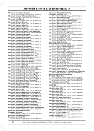 Materials Science & Engineering 2011 
Advances in Concrete and Structures 
978-0-87849-349-4, 2009, 992 pp, US$412.00/€298.00 
Advances in Corrosion-Deformation Interactions 
978-0-87849-707-2, 1995, 188 pp, US$126.00/€91.00 
Advances in Crystal Growth 
978-0-87849-718-8, 1996, 336 pp, US$160.00/€116.00 
Advances in Electronic Materials 
978-0-87849-347-0, 2009, 214 pp, US$166.00/€120.00 
Advances in Engineering Materials 
978-0-87849-690-7, 1995, 406 pp, US$253.00/€183.00 
Advances in Engineering Plasticity 
978-0-87849-857-4, 2000, 856 pp, US$431.00/€312.00 
Advances in Engineering Plasticity and Its Applications 
978-0-87849-951-9, 2004, 1230 pp, US$435.00/€315.00 
Advances in Experimental Mechanics 
978-0-87849-955-7, 2004, 280 pp, US$232.00/€168.00 
Advances in Experimental Mechanics IV 
978-0-87849-987-8, 2005, 460 pp, US$273.00/€198.00 
Advances in Experimental Mechanics V 
978-0-87849-453-8, 2007, 320 pp, US$232.00/€168.00 
Advances in Experimental Mechanics VI 
978-0-87849-367-8, 2008, 318 pp, US$232.00/€168.00 
Advances in Experimental Mechanics VII 
978-0-87849-248-0, 2010, 450 pp, US$274.00/€198.00 
Advances in Fracture and Damage Mechanics 
978-0-87849-929-8, 2003, 514 pp, US$232.00/€168.00 
Advances in Fracture and Damage Mechanics VII 
978-0-87849-369-2, 2008, 922 pp, US$412.00/€298.00 
Advances in Fracture and Damage Mechanics VIII 
978-0-87849-315-9, 2010, 994 pp, US$414.00/€300.00 
Advances in Fracture and Failure Prevention 
978-0-87849-938-0, 2004, 1754 pp, US$535.00/€388.00 
Advances in Fracture and Materials Behavior 
978-0-87849-399-9, 2008, 1554 pp, US$540.00/€391.00 
Advances in Fracture and Strength 
978-0-87849-978-6, 2005, 3000 pp, US$821.00/€595.00 
Advances in Functional Manufacturing Technologies 
978-0-87849-236-7, 2010, 726 pp, US$345.00/€250.00 
Advances in Grinding and Abrasive Processes 
978-0-87849-934-2, 2004, 902 pp, US$370.00/€268.00 
Advances in Grinding and Abrasive Technology XIII 
978-0-87849-986-1, 2006, 620 pp, US$273.00/€198.00 
Advances in Grinding and Abrasive Technology XIV 
978-0-87849-459-0, 2008, 600 pp, US$273.00/€198.00 
Advances in Grinding and Abrasive Technology XV 
978-0-87849-313-5, 2009, 648 pp, US$276.00/€200.00 
Advances in High-Tc Superconductors 
978-0-87849-667-9, 1993, 802 pp, US$367.00/€266.00 
Advances in Light Emitting Materials 
978-0-87849-358-6, 2008, 288 pp, US$230.00/€167.00 
Advances in Liquid Crystals 
978-0-87849-291-6, 2010, 620 pp, US$304.00/€220.00 
Advances in Machining & Manufacturing Technology IX 
978-0-87849-396-8, 2008, 750 pp, US$366.00/€265.00 
Advances in Machining & Manufacturing Technology VIII 
978-0-87849-999-1, 2006, 900 pp, US$366.00/€265.00 
Advances in Materials and Processing Technologies 
978-0-87849-297-8, 2010, 1360 pp, US$509.00/€369.00 
Advances in Materials and Systems Technologies 
978-0-87849-450-7, 2007, 590 pp, US$232.00/€168.00 
Advances in Materials and Systems Technologies II 
978-0-87849-337-1, 2009, 910 pp, US$386.00/€280.00 
Advances in Materials Manufacturing Science and Technology 
978-0-87849-956-4, 2004, 930 pp, US$411.00/€298.00 
Advances in Materials Manufacturing 
Science and Technology II 
978-0-87849-421-7, 2007, 1200 pp, US$435.00/€315.00 
Advances in Materials Manufacturing 
Science and Technology XIII/I 
978-0-87849-311-1, 2009, 842 pp, US$366.00/€265.00 
Advances in Materials Manufacturing 
Science and Technology XIII/II 
978-0-87849-312-8, 2009, 764 pp, US$366.00/€265.00 
Advances in Materials Processing IX 
978-0-87849-267-1, 2010, 778 pp, US$246.00/€178.00 
Advances in Materials Processing Technologies 
978-0-87849-417-0, 2006, 250 pp, US$135.00/€99.00 
Advances in Materials Science of Wood 
978-0-87849-354-8, 2009, 184 pp, US$138.00/€100.00 
Advances in Metal Matrix Composites 
978-0-87849-652-5, 1993, 400 pp, US$253.00/€183.00 
Advances in Nanocrystallization 
978-0-87849-829-1, 1999, 250 pp, US$110.00/€80.00 
Advances in Nanomaterials and Processin 
978-3-908451-31-0, 2007, 1985 pp, US$646.00/€468.00 
Advances in New Catalytic Materials 
978-0-87849-240-4, 2010, 300 pp, US$166.00/€120.00 
Advances in Nondestructive Evaluation 
978-0-87849-948-9, 2004, 2524 pp, US$647.00/€469.00 
Advances in Optics Design and 
Precision Manufacturing Technologies 
978-0-87849-458-3, 2008, 1386 pp, US$494.00/€358.00 
Advances in Organic Light-Emitting Device 
978-0-87849-483-5, 2008, 140 pp, US$116.00/€84.00 
Advances in Precision Engineering 
978-0-87849-256-5, 2010, 866 pp, US$366.00/€265.00 
Advances in Safety and Structural Integrity 
978-3-908451-15-0, 2006, 300 pp, US$218.00/€158.00 
Advances in Semiconducting Materials 
978-0-87849-323-4, 2009, 194 pp, US$138.00/€100.00 
Advances in Shape Memory Materials 
978-0-87849-381-4, 2008, 302 pp, US$230.00/€167.00 
Advances in Strength of Materials 
978-0-87849-351-7, 2009, 230 pp, US$180.00/€130.00 
Advances in Structural Analysis of Advanced Materials 
978-0-87849-262-6, 2010, 200 pp, US$124.00/€90.00 
Advances in Surface Research 
3-908044-08-1, 1991, 184 pp, US$138.00/€100.00 
Advances in Understanding the Fatigue Behavior of Materials 
978-0-87849-394-4, 2008, 420 pp, US$273.00/€198.00 
Advances on Extrusion Technology and 
Simulation of Light Alloys 
978-0-87849-467-5, 2008, 242 pp, US$177.00/€128.00 
Advances on Hot Extrusion and Simulation of Light Alloys 
978-0-87849-302-9, 2010, 294 pp, US$193.00/€140.00 
Age-Hardenable Aluminium Alloys 
978-0-87849-554-2, 1987, 600 pp, US$276.00/€200.00 
AICAM 2005 
978-0-87849-407-1, 2006, 790 pp, US$366.00/€265.00 
Aluminium Alloys 1996 
978-0-87849-758-4, 1997, 2354 pp, US$787.00/€570.00 
Aluminium Alloys 2000 
978-0-87849-853-6, 2000, 1910 pp, US$753.00/€546.00 
Aluminium Alloys 2002 
978-0-87849-899-4, 2002, 1800 pp, US$753.00/€628.00 
Aluminium Cast House Technology XI 
978-0-87849-316-6, 2010, 272 pp, US$177.00/€128.00 
Aluminum Alloys 2006 
978-0-87849-408-8, 2006, 2100 pp, US$753.00/€546.00 
Amorphous Metallic Materials II 
978-0-87849-601-3, 1990, 480 pp, US$264.00/€191.00 
Amorphous Metallic Materials III 
978-0-87849-655-6, 1993, 712 pp, US$356.00/€258.00 
Application of Positron Spectroscopy to Materials Science 
978-3-908450-06-1, 1994, 80 pp, US$109.00/€79.00 
APPLIED CRYSTALLOGRAPHY XX 
978-3-908451-40-2, 2007, 320 pp, US$232.00/€168.00 
Applied Crystallography XXI 
978-3-908451-83-9, 2010, 318 pp, US$232.00/€168.00 
40 Most titles now also available on CD, for details visit www.ttp.net 
 