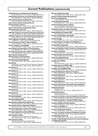 Current Publications (alphabetically) 
Applied Mechanics And Mechanical Engineering 
978-0-87849-245-9, 2010, 2924 pp, US$483.00/€350.00 
Artificial Muscle Actuators using Electroactive Polymers 
978-3-908158-27-1, 2009, 216 pp, US$166.00/€120.00 
Asian Ceramic Science for Electronics I 
978-0-87849-884-0, 2002, 282 pp, US$215.00/€156.00 
Asian Ceramic Science for Electronics II & 
Electroceramics in Japan V 
978-0-87849-902-1, 2002, 335 pp, US$215.00/€156.00 
Asian Ceramic Science for Electronics III and 
Electroceramics in Japan XII 
978-0-87849-306-7, 2010, 584 pp, US$276.00/€200.00 
ASM Heat Treatment and Surface Engineering Conference I 
978-0-87849-642-6, 1992, 932 pp, US$367.00/€266.00 
ASM Heat Treatment and Surface Engineering Conference II 
978-0-87849-678-5, 1994, 724 pp, US$345.00/€251.00 
Atomic Migration and Defects in Materials 
3-908044-07-3, 1991, 254 pp, US$160.00/€116.00 
Atomic Structures of High-Tc Superconductors 
978-0-87849-663-1, 1993, 216 pp, US$160.00/€116.00 
Atomic Transport in Liquid Metals 
978-0-87849-541-2, 1986, 354 pp, US$138.00/€100.00 
Band Tailings and Deep Defects in Semiconductors 
978-3-908450-18-4, 1996, 156 pp, US$135.00/€98.00 
Beam Injection Assessment of Defects in Semiconductors 
978-3-908450-39-9, 1998, 550 pp, US$243.00/€176.00 
Beam Injection Assessment of 
Microstructures in Semiconductors 
978-3-908450-61-0, 2001, 522 pp, US$270.00/€196.00 
Beta-Aluminas and Beta Batteries 
978-0-87849-549-8, 1991, 408 pp, US$236.00/€171.00 
Bioceramics 
Applications of Ceramic and Glass Materials in Medicine 
978-0-87849-822-2, 1999, 120 pp, US$124.00/€90.00 
Bioceramics 13 
978-0-87849-866-6, 2001, 1120 pp, US$431.00/€312.00 
Bioceramics 14 
978-0-87849-889-5, 2002, 704 pp, US$328.00/€238.00 
Bioceramics 15 
978-0-87849-911-3, 2003, 1010 pp, US$344.00/€249.00 
Bioceramics 16 
978-0-87849-932-8, 2004, 1166 pp, US$435.00/€315.00 
Bioceramics 17 
978-0-87849-961-8, 2005, 1120 pp, US$435.00/€315.00 
Bioceramics 18 
978-0-87849-992-2, 2006, 1520 pp, US$479.00/€347.00 
Bioceramics 19 
978-0-87849-422-4, 2007, 1512 pp, US$479.00/€347.00 
Bioceramics 20 
978-0-87849-457-6, 2008, 1428 pp, US$494.00/€358.00 
Bioceramics 21 
978-0-87849-353-1, 2009, 758 pp, US$414.00/€300.00 
Biohydrometallurgy 17 
978-0-87849-452-1, 2007, 680 pp, US$232.00/€168.00 
Biohydrometallurgy 2009 
978-0-87849-322-7, 2009, 782 pp, US$272.00/€197.00 
Biomaterials and Biomedical Engineering 
978-0-87849-480-4, 2008, 560 pp, US$269.00/€195.00 
Biomaterials for Bone, Regenerative Medicine 
978-0-87849-153-7, 2010, 210 pp, US$110.00/€80.00 
Biomedical Applications of Nano Technologies 
978-3-908158-09-7, 2006, 146 pp, US$135.00/€98.00 
Biomedical Applications of Smart Materials 
978-3-908158-23-3, 2009, 280 pp, US$166.00/€120.00 
Bulk Amorphous Alloys 
Preparation and Fundamental Characteristics 
978-0-87849-795-9, 1998, 124 pp, US$66.00/€48.00 
Bulk Amorphous Alloys 
Practical Characteristics and Applications 
978-0-87849-830-7, 1999, 160 pp, US$66.00/€48.00 
Bulk and Graded Nanometals 
978-3-908451-02-0, 2005, 364 pp, US$246.00/€178.00 
Calcium Phosphate Based Bioceramics for 
Bone Tissue Engineering 
978-0-87849-380-7, 2008, 170 pp, US$116.00/€84.00 
Carbon Based Nanomaterials 
978-0-87849-155-1, 2010, 332 pp, US$166.00/€120.00 
Carbon-Containing Layers on Silicon 
Growth, Properties and Applications 
978-0-87849-834-5, 1999, 88 pp, US$66.00/€48.00 
Catastrophe Theory and Phase Transitions 
978-3-908450-01-6, 1993, 232 pp, US$160.00/€116.00 
Cellular Metals and Polymers 2004 
978-0-87849-491-0, 2005, 300 pp, US$218.00/€158.00 
Ceramic and Metal Matrix Composites 
978-0-87849-753-9, 1997, 1352 pp, US$570.00/€413.00 
Ceramic Heritage 
978-0-87849-765-2, 1997, 82 pp, US$66.00/€48.00 
Ceramic Interfaces: Properties and Applications V 
978-0-87849-931-1, 2003, 317 pp, US$218.00/€158.00 
Ceramic Matrix Composites 
978-0-87849-698-3, 1995, 528 pp, US$345.00/€251.00 
Chaos and Stability in Defect Processes in Semiconductors 
978-0-87849-650-1, 1992, 212 pp, US$160.00/€116.00 
Chemistry of Interfaces 
978-0-87849-567-2, 1988, 600 pp, US$276.00/€200.00 
Chinese Ceramics Communications 
978-0-87849-275-6, 2010, 910 pp, US$366.00/€265.00 
Cluster Assembled Materials 
978-0-87849-747-8, 1996, 308 pp, US$132.00/€96.00 
Complet set of PRICM 6 
Part 1-4 
978-0-87849-464-4, 2007, 4000 pp, US$822.00/€595.00 
Complete print set of CIMTEC 2008 
978-3-908158-28-8, 2009, 2562 pp, US$966.00/€700.00 
Complete set of THERMEC 2006 
978-0-87849-445-3, 2007, 6660 pp, US$959.00/€695.00 
Composite Materials for Electronic Functions 
978-0-87849-836-9, 2000, 88 pp, US$66.00/€48.00 
Composite Materials III 
978-0-87849-926-7, 2003, 516 pp, US$232.00/€168.00 
Composite Materials IV 
978-0-87849-997-7, 2006, 200 pp, US$135.00/€98.00 
Composite Materials V 
978-0-87849-451-4, 2007, 270 pp, US$177.00/€128.00 
Compound Semiconductor Strained-Layer Superlattices 
978-0-87849-587-0, 1989, 238 pp, US$112.00/€81.00 
Conducting Polymers 
Electrochemistry 
3-908044-10-3, 1991, 394 pp, US$264.00/€191.00 
Conducting Polymers 
Transport Phenomena 
978-0-87849-659-4, 1993, 278 pp, US$138.00/€100.00 
Contemporary Studies in Advanced Materials and Processes 
978-0-87849-904-5, 2003, 290 pp, US$150.00/€109.00 
Contemporary Studies in Condensed Matter Physics 
978-3-908450-34-4, 1998, 384 pp, US$246.00/€178.00 
Continuum Models of Discrete Systems 
978-0-87849-657-0, 1993, 752 pp, US$367.00/€266.00 
Corrosion in the Military II 
978-0-87849-390-6, 2008, 342 pp, US$246.00/€178.00 
Corrosion of Advanced Ceramics 
978-0-87849-696-9, 1996, 256 pp, US$138.00/€100.00 
Corrosion, Processes and Advanced Materials in Industry 
978-0-87849-289-3, 2010, 110 pp, US$124.00/€90.00 
Cost-Affordable Titanium III 
978-0-87849-276-3, 2010, 236 pp, US$138.00/€100.00 
Creation of High-Strength Structures and Joints by Setting up 
Local Material Properties 
978-0-87849-234-3, 2010, 470 pp, US$276.00/€200.00 
For full table of contents and descriptions of each title visit our web site at: http://www.ttp.net 41 
 