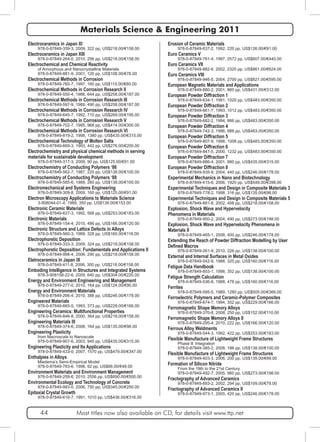 Materials Science & Engineering 2011 
Electroceramics in Japan XI 
978-0-87849-359-3, 2009, 322 pp, US$218.00/€158.00 
Electroceramics in Japan XIII 
978-0-87849-264-0, 2010, 256 pp, US$218.00/€158.00 
Electrochemical and Chemical Reactivity 
of Amorphous and Nanocrystalline Materials 
978-0-87849-881-9, 2001, 120 pp, US$108.00/€78.00 
Electrochemical Methods in Corrosion 
978-0-87849-760-7, 1997, 160 pp, US$110.00/€80.00 
Electrochemical Methods in Corrosion Research II 
978-0-87849-550-4, 1986, 644 pp, US$258.00/€187.00 
Electrochemical Methods in Corrosion Research III 
978-0-87849-597-9, 1989, 490 pp, US$258.00/€187.00 
Electrochemical Methods in Corrosion Research IV 
978-0-87849-645-7, 1992, 710 pp, US$269.00/€195.00 
Electrochemical Methods in Corrosion Research V 
978-0-87849-702-7, 1995, 968 pp, US$414.00/€300.00 
Electrochemical Methods in Corrosion Research VI 
978-0-87849-819-2, 1998, 1380 pp, US$435.00/€315.00 
Electrochemical Technology of Molten Salts 
978-0-87849-669-3, 1993, 442 pp, US$276.00/€200.00 
Electrochemistry and physical chemical methods in serving 
materials for sustainable development 
978-0-87849-317-3, 2009, 90 pp, US$125.00/€91.00 
Electrochemistry of Conducting Polymers ‘86 
978-0-87849-562-7, 1987, 220 pp, US$138.00/€100.00 
Electrochemistry of Conducting Polymers ‘88 
978-0-87849-585-6, 1989, 260 pp, US$138.00/€100.00 
Electromechanical and Systems Engineering 
978-0-87849-309-8, 2009, 160 pp, US$125.00/€91.00 
Electron Microscopy Applications to Materials Science 
3-908044-01-4, 1989, 350 pp, US$138.00/€153.00 
Electronic Ceramic Materials 
978-0-87849-627-3, 1992, 568 pp, US$253.00/€183.00 
Electronic Materials 
978-0-87849-154-4, 2010, 486 pp, US$166.00/€120.00 
Electronic Structure and Lattice Defects in Alloys 
978-0-87849-560-3, 1989, 328 pp, US$160.00/€116.00 
Electrophoretic Deposition 
978-0-87849-333-3, 2009, 324 pp, US$218.00/€158.00 
Electrophoretic Deposition: Fundamentals and Applications II 
978-0-87849-998-4, 2006, 290 pp, US$218.00/€158.00 
Eletroceramics in Japan IX 
978-0-87849-411-8, 2006, 300 pp, US$218.00/€158.00 
Emboding Intelligence in Structures and Integrated Systems 
978-3-908158-22-6, 2009, 640 pp, US$304.00/€220.00 
Energy and Environment Engineering and Management 
978-0-87849-277-0, 2010, 164 pp, US$124.00/€90.00 
Energy and Environment Materials 
978-0-87849-266-4, 2010, 388 pp, US$246.00/€178.00 
Engineered Materials 
978-0-87849-665-5, 1993, 373 pp, US$229.00/€166.00 
Engineering Ceramics: Multifunctional Properties 
978-0-87849-846-8, 2000, 364 pp, US$218.00/€158.00 
Engineering Materials III 
978-0-87849-374-6, 2008, 164 pp, US$135.00/€98.00 
Engineering Plasticity 
from Macroscale to Nanoscale 
978-0-87849-907-6, 2003, 945 pp, US$435.00/€315.00 
Engineering Plasticity and Its Applications 
978-0-87849-433-0, 2007, 1570 pp, US$479.00/€347.00 
Enthalpies in Alloys 
Miedema’s Semi-Empirical Model 
978-0-87849-783-6, 1998, 92 pp, US$66.00/€48.00 
Environment Materials and Environment Management 
978-0-87849-259-6, 2010, 2556 pp, US$690.00/€500.00 
Environmental Ecology and Technology of Concrete 
978-0-87849-983-0, 2006, 750 pp, US$345.00/€250.00 
Epitaxial Crystal Growth 
978-0-87849-616-7, 1991, 1010 pp, US$436.00/€316.00 
Erosion of Ceramic Materials 
978-0-87849-637-2, 1992, 220 pp, US$126.00/€91.00 
Euro Ceramics V 
978-0-87849-761-4, 1997, 2572 pp, US$607.00/€440.00 
Euro Ceramics VII 
978-0-87849-882-6, 2002, 2320 pp, US$861.00/€624.00 
Euro Ceramics VIII 
978-0-87849-946-5, 2004, 2700 pp, US$821.00/€595.00 
European Magnetic Materials and Applications 
978-0-87849-880-2, 2001, 860 pp, US$431.00/€312.00 
European Powder Diffraction 1 
978-0-87849-634-1, 1991, 1020 pp, US$483.00/€350.00 
European Powder Diffraction 2 
978-0-87849-661-7, 1993, 1012 pp, US$483.00/€350.00 
European Powder Diffraction 3 
978-0-87849-682-2, 1994, 866 pp, US$483.00/€350.00 
European Powder Diffraction 4 
978-0-87849-742-3, 1996, 988 pp, US$483.00/€350.00 
European Powder Diffraction 5 
978-0-87849-807-9, 1998, 1008 pp, US$483.00/€350.00 
European Powder Diffraction 6 
978-0-87849-847-5, 2000, 1232 pp, US$483.00/€350.00 
European Powder Diffraction 7 
978-0-87849-886-4, 2001, 880 pp, US$435.00/€315.00 
European Powder Diffraction 8 
978-0-87849-935-9, 2004, 440 pp, US$246.00/€178.00 
Experimental Mechanics in Nano and Biotechnology 
978-0-87849-415-6, 2006, 1920 pp, US$549.00/€398.00 
Experimental Techniques and Design in Composite Materials 3 
978-0-87849-778-2, 1998, 316 pp, US$135.00/€98.00 
Experimental Techniques and Design in Composite Materials 5 
978-0-87849-891-8, 2002, 408 pp, US$218.00/€158.00 
Explosion, Shock Wave and Hypervelocity 
Phenomena in Materials 
978-0-87849-950-2, 2004, 490 pp, US$273.00/€198.00 
Explosion, Shock Wave and Hypervelocity Phenomena in 
Materials II 
978-0-87849-465-1, 2008, 400 pp, US$246.00/€178.00 
Extending the Reach of Powder Diffraction Modelling by User 
Defined Macros 
978-0-87849-261-9, 2010, 226 pp, US$138.00/€100.00 
External and Internal Surfaces in Metal Oxides 
978-0-87849-542-9, 1988, 320 pp, US$160.00/€116.00 
Fatigue Data Handbook 
978-0-87849-803-1, 1998, 352 pp, US$138.00/€100.00 
Fatigue Strength Calculation 
978-0-87849-536-8, 1988, 478 pp, US$160.00/€116.00 
Ferrites 
978-0-87849-595-5, 1989, 1280 pp, US$505.00/€366.00 
Ferroelectric Polymers and Ceramic-Polymer Composites 
978-0-87849-674-7, 1994, 352 pp, US$229.00/€166.00 
Ferromagnetic Shape Memory Alloys 
978-0-87849-370-8, 2008, 250 pp, US$152.00/€110.00 
Ferromagnetic Shape Memory Alloys II 
978-0-87849-295-4, 2010, 222 pp, US$166.00/€120.00 
Ferrous Alloy Weldments 
978-0-87849-544-3, 1992, 422 pp, US$253.00/€183.00 
Flexible Manufacture of Lightweight Frame Structures 
Phase II: Integration 
978-0-87849-385-2, 2008, 186 pp, US$138.00/€100.00 
Flexible Manufacture of Lightweight Frame Structures 
978-0-87849-403-3, 2006, 200 pp, US$135.00/€99.00 
Formation of Silicon Nitride 
From the 19th to the 21st Century 
978-0-87849-492-7, 2005, 960 pp, US$273.00/€198.00 
Fractography of Advanced Ceramics 
978-0-87849-893-2, 2002, 294 pp, US$109.00/€79.00 
Fractography of Advanced Ceramics II 
978-0-87849-973-1, 2005, 420 pp, US$246.00/€178.00 
44 Most titles now also available on CD, for details visit www.ttp.net 
 