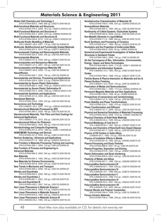 Materials Science & Engineering 2011 
Molten Salt Chemistry and Technology 5 
978-0-87849-805-5, 1998, 656 pp, US$273.00/€198.00 
Multi-functional Materials and Structures 
978-0-87849-378-4, 2008, 1612 pp, US$473.00/€343.00 
Multi-Functional Materials and Structures II 
978-0-87849-304-3, 2009, 2374 pp, US$690.00/€500.00 
Multi-Functional Materials and Structures III 
978-0-87849-246-6, 2010, 1332 pp, US$473.00/€343.00 
Multiscale Kinetic Modelling of Materials 
978-3-908451-39-6, 2007, 174 pp, US$135.00/€98.00 
Multiscale, Multifunctional and Functionally Graded Materials 
978-0-87849-307-4, 2010, 550 pp, US$317.00/€230.00 
Nanocomposite Coatings and Nanocomposite Materials 
978-0-87849-346-3, 2009, 400 pp, US$166.00/€120.00 
Nanocomposite Materials 
978-3-908451-67-9, 2009, 280 pp, US$207.00/€150.00 
Nanocomposites and Nanoporous Materials 
978-3-908451-27-3, 2007, 340 pp, US$166.00/€120.00 
Nanocomposites and Nanoporous Materials VIII 
978-3-908451-48-8, 2008, 170 pp, US$136.00/€98.00 
Nanodiffusion 
978-0-87849-494-1, 2004, 190 pp, US$135.00/€99.00 
Nanomaterials and Devices: Processing and Applications 
978-0-87849-328-9, 2009, 312 pp, US$200.00/€145.00 
Nanomaterials by Severe Plastic Deformation 
978-0-87849-985-4, 2006, 1050 pp, US$435.00/€315.00 
Nanomaterials by Severe Plastic Deformation IV 
978-0-87849-375-3, 2008, 1200 pp, US$434.00/€314.00 
Nanomaterials Synthesis and Applications 
978-0-87849-331-9, 2009, 246 pp, US$166.00/€120.00 
Nanophase Materials 
978-0-87849-709-6, 1995, 240 pp, US$146.00/€106.00 
Nanoscience and Technology 
978-3-908451-30-3, 2007, 1610 pp, US$549.00/€398.00 
Nanostructured Materials Processed by SPD 
978-0-87849-384-5, 2008, 166 pp, US$138.00/€100.00 
Nanostructured Materials, Thin Films and Hard Coatings for 
Advanced Applications 
978-3-908451-77-8, 2010, 200 pp, US$166.00/€120.00 
Nanostructured Silicon for Photonics 
978-0-87849-488-0, 2006, 260 pp, US$144.00/€104.00 
Nanotechnology and Computer Engineering 
978-0-87849-251-0, 2010, 1094 pp, US$411.00/€298.00 
NEMS/MEMS Technology and Devices 
978-0-87849-321-0, 2009, 334 pp, US$218.00/€158.00 
Neutron Scattering - Advances and Applications 
978-0-87849-571-9, 1988, 490 pp, US$253.00/€183.00 
New Frontiers in Materials Processing Training and Learning 
978-0-87849-308-1, 2009, 124 pp, US$124.00/€90.00 
New Frontiers of Process and Engineering in 
Advanced Materials 
978-0-87849-980-9, 2005, 540 pp, US$273.00/€198.00 
New Materials 
978-0-87849-695-2, 1995, 288 pp, US$138.00/€100.00 
New Materials for Extreme Environments 
978-0-87849-344-9, 2009, 344 pp, US$218.00/€158.00 
New Trends in Mechanics and Transport 
978-0-87849-468-2, 2008, 182 pp, US$136.00/€99.00 
Nitrides and Oxynitrides 
978-0-87849-850-5, 2000, 368 pp, US$215.00/€156.00 
Nitrides and Oxynitrides 2 
978-0-87849-887-1, 2002, 220 pp, US$108.00/€78.00 
Nitrides and Oxynitrides III 
978-0-87849-439-2, 2007, 240 pp, US$135.00/€99.00 
Non Linear Phenomena in Materials Science I 
978-0-87849-565-8, 1988, 512 pp, US$253.00/€183.00 
Non Linear Phenomena in Materials Science II 
978-0-87849-635-8, 1992, 520 pp, US$253.00/€183.00 
Non Linear Phenomena in Materials Science III 
978-3-908450-09-2, 1995, 352 pp, US$253.00/€183.00 
Nondestructive Characterization of Materials VII 
978-0-87849-708-9, 1996, 924 pp, US$460.00/€333.00 
Nonequilibrium Materials 
978-0-87849-694-5, 1995, 260 pp, US$138.00/€100.00 
Nonlinearity of Colloid Systems: Oxyhydrate Systems 
978-0-87849-482-8, 2008, 434 pp, US$166.00/€120.00 
Non-Metallic Elements in Liquid Metals 
978-0-87849-711-9, 1996, 264 pp, US$160.00/€116.00 
Novel Synthesis and Processing of Ceramics 
978-0-87849-814-7, 1999, 452 pp, US$224.00/€162.00 
Nucleation and the Properties of Undercooled Melts 
978-0-87849-895-6, 2002, 80 pp, US$66.00/€48.00 
Numerical and Experimental Investigation of Hollow Sphere 
Structures in Sandwich Panels 
978-0-87849-398-2, 2008, 136 pp, US$110.00/€80.00 
On the Convergence of Bio-, Information-, Environmental-, 
Energy-, Space- and Nano-Technologies 
978-0-87849-958-8, 2005, 1110 pp, US$411.00/€298.00 
Organization and Information Systems 
978-3-908450-15-3, 1995, 500 pp, US$218.00/€158.00 
Oxides 
978-0-87849-798-0, 1998, 476 pp, US$237.00/€172.00 
Particle Beams & Plasma Interaction on Materials and Ion & 
Plasma Surface Finishing 
978-3-908451-12-9, 2005, 150 pp, US$135.00/€98.00 
Passivation of Metals and Semiconductors 
978-0-87849-692-1, 1995, 1112 pp, US$552.00/€400.00 
Permanent Magnetic Materials and their Applications 
978-0-87849-796-6, 1998, 90 pp, US$66.00/€48.00 
Perspectives of nanoscience and nanotechnology 
978-3-908451-57-0, 2008, 230 pp, US$189.00/€137.00 
Phase Stability and Phase Transformations 
978-0-87849-535-1, 1985, 474 pp, US$253.00/€183.00 
Phase Transformation and Diffusion 
978-3-908451-61-7, 2008, 160 pp, US$138.00/€100.00 
Physical and Numerical Simulation of Materials Processing 
978-0-87849-392-0, 2008, 1570 pp, US$497.00/€360.00 
Physical Chemistry of Solid State Materials 
978-3-908450-05-4, 1994, 694 pp, US$298.00/€216.00 
Physical Metallurgy of Cast Iron V 
978-3-908450-28-3, 1997, 584 pp, US$297.00/€215.00 
Physics and Chemistry of Rare-Earth Ions Doped Glasses 
978-0-87849-481-1, 2008, 300 pp, US$160.00/€120.00 
Physics of DX Centers in GaAs Alloys 
3-908044-05-7, 1990, 310 pp, US$160.00/€116.00 
Physics of Irradiation Effects in Metals 
978-0-87849-641-9, 1992, 820 pp, US$380.00/€275.00 
Plasma Processing and Dusty Particles 
978-0-87849-888-8, 2001, 90 pp, US$108.00/€78.00 
Plasma Properties, Deposition and Etching 
978-0-87849-670-9, 1993, 749 pp, US$367.00/€266.00 
Plastic Deformation and Strain Hardening 
978-0-87849-906-9, 2003, 430 pp, US$199.00/€144.00 
Plasticity of Metals and Alloys 
978-0-87849-687-7, 1994, 526 pp, US$286.00/€207.00 
Polycrystalline Semiconductors III 
978-3-908450-04-7, 1994, 628 pp, US$276.00/€200.00 
Polycrystalline Semiconductors IV 
978-3-908450-19-1, 1996, 656 pp, US$276.00/€200.00 
Polycrystalline Semiconductors V 
978-3-908450-43-6, 1999, 616 pp, US$251.00/€182.00 
Polycrystalline Semiconductors VI 
978-3-908450-63-4, 2001, 490 pp, US$243.00/€176.00 
Polycrystalline Semiconductors VII 
978-3-908450-79-5, 2003, 488 pp, US$246.00/€178.00 
Polymer Blends and Polymer Composites 
978-0-87849-766-9, 1998, 240 pp, US$132.00/€96.00 
Porous Ceramic Materials 
978-0-87849-706-5, 1996, 248 pp, US$138.00/€100.00 
48 Most titles now also available on CD, for details visit www.ttp.net 
 
