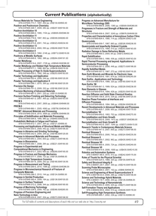 Current Publications (alphabetically) 
Porous Materials for Tissue Engineering 
978-0-87849-773-7, 1997, 252 pp, US$130.00/€94.00 
Positron and Positronium Chemistry 
978-0-87849-348-7, 2009, 282 pp, US$207.00/€150.00 
Positron Annihilation 10 
978-0-87849-686-0, 1995, 1104 pp, US$505.00/€366.00 
Positron Annihilation 11 
978-0-87849-779-9, 1997, 852 pp, US$359.00/€260.00 
Positron Annihilation 12 
978-0-87849-875-8, 2001, 744 pp, US$323.00/€234.00 
Positron Annihilation 13 
978-0-87849-936-6, 2004, 550 pp, US$246.00/€178.00 
Positron Annihilation 9 
978-0-87849-636-5, 1992, 2146 pp, US$712.00/€516.00 
Positrons at Metallic Surfaces 
978-0-87849-648-8, 1992, 388 pp, US$264.00/€191.00 
Powder Metallurgy 
978-0-87849-419-4, 2007, 1728 pp, US$549.00/€398.00 
Powder Metallurgy and Related High Temperature Materials 
978-0-87849-577-1, 1988, 862 pp, US$436.00/€316.00 
Powder Processing of High-Tc Oxide Superconductors 
978-0-87849-630-3, 1992, 348 pp, US$253.00/€183.00 
Powder Technology and Application 
978-0-87849-352-4, 2009, 244 pp, US$166.00/€120.00 
Powder Technology and Application II 
978-0-87849-296-1, 2010, 300 pp, US$166.00/€120.00 
Precision Die Design 
978-0-87849-151-3, 2009, 252 pp, US$166.00/€120.00 
Precision Machining of Advanced Materials 
978-0-87849-867-3, 2001, 220 pp, US$110.00/€80.00 
Precision Surface Finishing and Deburring Technology 
978-0-87849-461-3, 2007, 400 pp, US$253.00/€183.00 
For full table of contents and descriptions of each title visit our web site at: http://www.ttp.net 49 
PRICM 6 
978-0-87849-462-0, 2007, 2600 pp, US$646.00/€468.00 
PRICM-5 
978-0-87849-960-1, 2005, 4560 pp, US$756.00/€548.00 
PRICM7: Advanced Materials and Processing 
978-0-87849-255-8, 2010, 3000 pp, US$646.00/€468.00 
Principles of Solidification and Materials Processing 
978-0-87849-594-8, 1990, 980 pp, US$460.00/€333.00 
Probabilistic Methods in Fatigue and Fracture 
978-0-87849-872-7, 2001, 264 pp, US$121.00/€88.00 
Processing and Applications of Structural Metals and Alloys 
978-0-87849-355-5, 2009, 442 pp, US$270.00/€196.00 
Progress in Abrasive and Grinding Technology 
978-0-87849-342-5, 2009, 206 pp, US$166.00/€120.00 
Progress in Advanced Materials and Processes 
978-0-87849-940-3, 2004, 600 pp, US$273.00/€198.00 
Progress in Bioceramics 
978-0-87849-395-1, 2008, 284 pp, US$221.00/€160.00 
Progress in Experimental and 
Computational Mechanics in Engineering 
978-0-87849-913-7, 2003, 650 pp, US$269.00/€195.00 
Progress in Fracture and Damage Mechanics 
978-0-87849-377-7, 2008, 132 pp, US$135.00/€98.00 
Progress in High Temperature Ceramics 
978-0-87849-361-6, 2009, 242 pp, US$180.00/€130.00 
Progress in Measurement and Testing 
978-0-87849-269-5, 2010, 1586 pp, US$549.00/€398.00 
Progress in Micromechanical Research of Fracture of 
Composite Materials 
978-0-87849-286-2, 2010, 144 pp, US$124.00/€90.00 
Progress in Sol-Gel Production 
978-0-87849-365-4, 2009, 194 pp, US$138.00/€100.00 
Progress in Surface Treatment 
978-0-87849-372-2, 2008, 344 pp, US$248.00/€180.00 
Progress of Machining Technology 
978-0-87849-338-8, 2009, 762 pp, US$366.00/€265.00 
Progress of Precision Engineering and 
Nano Technology in Asia 
978-0-87849-430-9, 2007, 524 pp, US$273.00/€198.00 
Progress on Advanced Manufacture for 
Micro/Nano Technology 2005 
978-0-87849-990-8, 2006, 1380 pp, US$509.00/€369.00 
Progresses in Fracture and Strength of Materials and 
Structures 
978-0-87849-456-9, 2007, 3240 pp, US$676.00/€490.00 
Properties and Characterization of Amorphous Carbon Films 
978-0-87849-604-4, 1990, 714 pp, US$294.00/€213.00 
Quasicrystals 
978-0-87849-559-7, 1987, 660 pp, US$326.00/€236.00 
Quasicrystals and Imperfectly Ordered Crystals 
978-0-87849-673-0, 1994, 510 pp, US$253.00/€183.00 
Radiation Damage in Some Refractory Metals 
978-0-87849-490-3, 2005, 64 pp, US$72.00/€52.00 
Rapid Solidification 
978-0-87849-599-3, 1990, 436 pp, US$225.00/€163.00 
Rapid Thermal Processing and beyond: Applications in 
Semiconductor Processing 
978-0-87849-391-3, 2008, 448 pp, US$273.00/€198.00 
Rapidly Solidified Metals 
978-0-87849-557-3, 1987, 272 pp, US$160.00/€116.00 
Rare Earth Minerals and Minerals for Electronic Uses 
978-0-87849-530-6, 1991, 674 pp, US$338.00/€245.00 
Rare Earths - Applications and Technology 
978-0-87849-576-4, 1988, 320 pp, US$160.00/€116.00 
Rare Earths ‘98 
978-0-87849-841-3, 1999, 624 pp, US$328.00/€238.00 
Rare Elements in Glasses 
978-0-87849-675-4, 1994, 428 pp, US$253.00/€183.00 
Reaction Diffusion and Solid State Chemical Kinetics 
978-0-87849-156-8, 2010, 334 pp, US$166.00/€120.00 
Reactive Phase Formation at Interfaces and 
Diffusion Processes 
978-0-87849-680-8, 1994, 596 pp, US$284.00/€206.00 
Recent Developments in Advanced Materials and Processes 
978-0-87849-405-7, 2006, 600 pp, US$246.00/€178.00 
Recrystallization ‘92 
978-0-87849-649-5, 1993, 752 pp, US$380.00/€275.00 
Recrystallization and Grain Growth 
978-0-87849-952-6, 2004, 1472 pp, US$537.00/€389.00 
Recrystallization and Grain Growth III 
978-0-87849-443-9, 2007, 1544 pp, US$573.00/€415.00 
Research Trends in Contemporary Materials Science 
978-0-87849-441-5, 2007, 600 pp, US$273.00/€198.00 
Residual Stresses 5 
978-0-87849-855-0, 2000, 740 pp, US$324.00/€235.00 
Residual Stresses 6 
978-0-87849-900-7, 2002, 962 pp, US$435.00/€315.00 
Residual Stresses VII 
978-0-87849-969-4, 2005, 724 pp, US$345.00/€249.00 
Residual Stresses VII 
978-0-87849-414-9, 2006, 1000 pp, US$435.00/€315.00 
Robotics and Automation Systems 
978-3-908451-88-4, 2010, 472 pp, US$242.00/€175.00 
Rules of Thumb for the Physical Scientist 
978-0-87849-524-5, 1988, 320 pp, US$105.00/€76.00 
Safety and Structural Integrity II 
978-3-908451-29-7, 2007, 300 pp, US$218.00/€158.00 
Scanning Probe Microscopies 
978-0-87849-868-0, 2001, 102 pp, US$66.00/€48.00 
Science and Engineering of Novel Superconductors V 
978-3-908158-03-5, 2006, 266 pp, US$218.00/€158.00 
Science and Technology Hybrid Materials 
978-3-908451-18-1, 2006, 204 pp, US$135.00/€98.00 
Science and Technology of Nanomaterials 
978-0-87849-953-3, 2005, 420 pp, US$273.00/€198.00 
Self-Formation Theory and Applications 
978-3-908450-85-6, 2004, 510 pp, US$246.00/€178.00 
Self-Propagating High-Temperature Synthesis 
978-0-87849-885-7, 2002, 236 pp, US$110.00/€80.00 
 