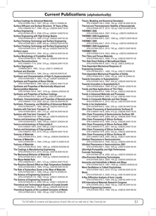 Current Publications (alphabetically) 
Surface Coatings for Advanced Materials 
978-0-87849-749-2, 1997, 292 pp, US$121.00/€88.00 
Surface Diffusion and Surface Structure: 10 Years of Res. 
978-3-908450-33-7, 1998, 352 pp, US$246.00/€178.00 
Surface Engineering 
978-0-87849-397-5, 2008, 870 pp, US$381.00/€276.00 
Surface Engineering with High Energy Beams 
978-0-87849-607-5, 1990, 610 pp, US$253.00/€183.00 
Surface Finishing Technology and Surface Engineering 
978-0-87849-368-5, 2008, 450 pp, US$252.00/€183.00 
Surface Finishing Technology and Surface Engineering II 
978-0-87849-233-6, 2010, 482 pp, US$252.00/€183.00 
Surface Layers 
978-0-87849-679-2, 1994, 182 pp, US$144.00/€104.00 
Surface Morphology of Crystalline Solids 
978-0-87849-622-8, 1991, 440 pp, US$269.00/€195.00 
Surface Reconstructions 
978-3-908451-71-6, 2009, 378 pp, US$246.00/€178.00 
Surface Segregation 
3-908044-06-5, 1990, 132 pp, US$131.00/€95.00 
Surfaces and Disorder 
978-0-87849-532-0, 1985, 224 pp, US$109.00/€79.00 
Synthesis and Characterization of High-Tc Superconductors 
978-0-87849-658-7, 1993, 710 pp, US$367.00/€266.00 
Synthesis and Properties of Boron Nitride 
978-0-87849-606-8, 1990, 426 pp, US$242.00/€175.00 
Synthesis and Properties of Mechanically Alloyed and 
Nanocrystalline Materials 
978-0-87849-750-8, 1997, 1076 pp, US$442.00/€320.00 
Synthesis and Properties of Surface Coatings 
978-0-87849-319-7, 2009, 80 pp, US$125.00/€91.00 
Synthesis, Characterization and Properties of Nanostructures 
978-3-908451-73-0, 2009, 202 pp, US$138.00/€100.00 
Synthesis, Processing, and Modelling of Advanced Materials 
978-0-87849-647-1, 1992, 384 pp, US$253.00/€183.00 
Systems with Fast Ionic Transport - III 
978-0-87849-569-6, 1991, 312 pp, US$149.00/€108.00 
Systems with Fast Ionic Transport - IV 
978-3-908450-07-8, 1994, 356 pp, US$276.00/€200.00 
Texture and Anisotropy of Polycrystals 
978-0-87849-802-4, 1998, 736 pp, US$337.00/€244.00 
Texture and Anisotropy of Polycrystals II 
978-3-908451-09-9, 2005, 486 pp, US$273.00/€198.00 
Texture and Anisotropy of Polycrystals III 
978-3-908451-78-5, 2010, 340 pp, US$246.00/€178.00 
Textures of Materials 
978-0-87849-975-5, 2005, 1748 pp, US$549.00/€398.00 
Textures of Materials 
978-0-87849-681-5, 1994, 2168 pp, US$712.00/€516.00 
Textures of Materials 
978-0-87849-903-8, 2002, 1880 pp, US$549.00/€398.00 
The Coatings in Manufacturing Engineering 
978-0-87849-272-5, 2010, 232 pp, US$138.00/€100.00 
The Mechanical Behavior of Materials X 
978-0-87849-440-8, 2007, 1658 pp, US$549.00/€398.00 
The Meyer-Neldel Rule 
978-3-908450-62-7, 2001, 372 pp, US$243.00/€176.00 
The Reactive Element Effect on High Temperature Oxidation 
978-0-87849-589-4, 1989, 370 pp, US$166.00/€120.00 
The Role of Subsurface Zones in the Wear of Materials 
978-0-87849-580-1, 1989, 238 pp, US$110.00/€80.00 
The Science of Engineering Ceramics II 
978-0-87849-817-8, 1999, 724 pp, US$331.00/€240.00 
The Science of Engineering Ceramics III 
978-0-87849-401-9, 2006, 950 pp, US$411.00/€298.00 
Theoretical and Technological Aspects of Crystal Growth 
978-0-87849-806-2, 1998, 320 pp, US$228.00/€165.00 
Theoretical Aspects of the Localized Corrosion of Metals 
978-0-87849-526-9, 1985, 180 pp, US$77.00/€56.00 
Theory, Modeling and Numerical Simulation 
978-3-908451-56-3, 2008, 180 pp, US$138.00/€100.00 
Thermal and Thermodynamic Stability of Nanomaterials 
978-0-87849-257-2, 2010, 162 pp, US$138.00/€100.00 
THERMEC 2006 
978-0-87849-428-6, 2007, 5180 pp, US$753.00/€546.00 
THERMEC 2006 Supplement 
978-0-87849-429-3, 2007, 1080 pp, US$273.00/€198.00 
THERMEC 2009 
978-0-87849-294-7, 2010, 4100 pp, US$754.00/€546.00 
THERMEC 2009 Supplement 
978-0-87849-293-0, 2010, 780 pp, US$274.00/€198.00 
THERMEC’2003 
978-0-87849-919-9, 2003, 4650 pp, US$753.00/€546.00 
Thin Films and Porous Materials 
978-0-87849-343-2, 2009, 310 pp, US$230.00/€167.00 
Thin Slab Direct Rolling of Microalloyed Steels 
978-0-87849-485-9, 2007, 154 pp, US$72.00/€52.00 
Time Dependent Mechanical Response of 
Engineering Ceramics 
978-0-87849-832-1, 1999, 176 pp, US$121.00/€88.00 
Time-dependent Mechanical Properties of Solids 
978-0-87849-476-7, 2008, 162 pp, US$116.00/€84.00 
Towards Innovation in Superplasticity I 
978-0-87849-748-5, 1997, 428 pp, US$226.00/€164.00 
Towards Innovation in Superplasticity II 
978-0-87849-828-4, 1999, 872 pp, US$381.00/€276.00 
Trends and New Applications of Thin Films 
978-0-87849-815-4, 1998, 576 pp, US$232.00/€168.00 
Trends in Advanced Materials and Processes 
978-0-87849-859-8, 2000, 312 pp, US$160.00/€116.00 
Trends in Composite Materials and their Design 
978-0-87849-301-2, 2010, 292 pp, US$193.00/€140.00 
Trends in Ion Implantation 
978-0-87849-644-0, 1992, 208 pp, US$138.00/€100.00 
Ultra Clean Processing of Semiconductor Surfaces IX 
978-3-908451-64-8, 2009, 412 pp, US$246.00/€178.00 
Ultra Clean Processing of Semiconductor Surfaces VIII 
978-3-908451-46-4, 2008, 400 pp, US$246.00/€178.00 
Ultra Clean Processing of Silicon Surfaces 
978-3-908450-40-5, 1999, 316 pp, US$246.00/€178.00 
Ultra Clean Processing of Silicon Surfaces 2000 
978-3-908450-57-3, 2001, 340 pp, US$243.00/€176.00 
Ultra Clean Processing of Silicon Surfaces V 
978-3-908450-78-8, 2003, 320 pp, US$232.00/€168.00 
Ultra Clean Processing of Silicon Surfaces VII 
978-3-908451-06-8, 2005, 398 pp, US$273.00/€198.00 
Ultrafast Phenomena in Semiconductors 
978-0-87849-824-6, 1999, 392 pp, US$254.00/€184.00 
Ultrafast Phenomena in Semiconductors 2001 
978-0-87849-890-1, 2002, 356 pp, US$218.00/€158.00 
Ultra-High-Pumpability and High Performance 
Concrete Technology 
978-0-87849-341-8, 2009, 420 pp, US$276.00/€200.00 
Ultra-Precision Machining Technologies 
978-0-87849-326-5, 2009, 740 pp, US$345.00/€250.00 
Vacancies and Interstitials in Metals and Alloys 
978-0-87849-552-8, 1987, 1490 pp, US$552.00/€400.00 
Wave Oscillations in Colloid Oxyhydrates 
978-0-87849-158-2, 2010, 512 pp, US$166.00/€120.00 
Wood 
978-0-87849-487-3, 2006, 419 pp, US$178.00/€129.00 
X-Ray Diffraction Analysis of Ionic Liquids 
978-0-87849-676-1, 1994, 236 pp, US$160.00/€116.00 
XVII International Materials Research Congress 
978-0-87849-330-2, 2009, 106 pp, US$138.00/€100.00 
Zirconia Engineering Ceramics 
978-0-87849-793-5, 1998, 336 pp, US$232.00/€168.00 
For full table of contents and descriptions of each title visit our web site at: http://www.ttp.net 51 
 