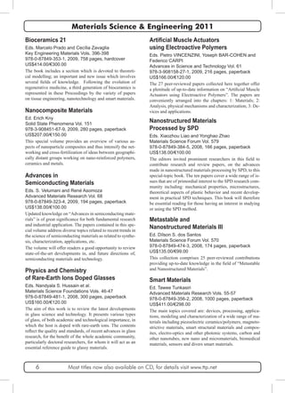 Materials Science & Engineering 2011 
Artificial Muscle Actuators 
using Electroactive Polymers 
Eds. Pietro VINCENZINI, Yoseph BAR-COHEN and 
Federico CARPI 
Advances in Science and Technology Vol. 61 
978-3-908158-27-1, 2009, 216 pages, paperback 
US$166.00/€120.00 
The 27 peer-reviewed papers collected here together offer 
a plenitude of up-to-date information on “Artificial Muscle 
Actuators using Electroactive Polymers”. The papers are 
conveniently arranged into the chapters: 1: Materials; 2: 
Analysis, physical mechanisms and characterization; 3: De- 
Nanocomposite Materials vices and applications. 
Ed. Erich Kny 
Solid State Phenomena Vol. 151 
978-3-908451-67-9, 2009, 280 pages, paperback 
US$207.00/€150.00 
This special volume provides an overview of various as-pects 
Nanostructured Materials 
Processed by SPD 
Eds. Xiaozhou Liao and Yonghao Zhao 
Materials Science Forum Vol. 579 
978-0-87849-384-5, 2008, 166 pages, paperback 
US$138.00/€100.00 
The editors invited prominent researchers in this field to 
contribute research and review papers, on the advances 
made in nanostructured materials processing by SPD, to this 
special-topic book. The ten papers cover a wide range of is-sues 
that are of primordial interest to the SPD research com-munity 
including: mechanical properties, microstructures, 
theoretical aspects of plastic behavior and recent develop-ment 
in practical SPD techniques. This book will therefore 
be essential reading for those having an interest in studying 
or using the SPD method. 
Metastable and 
Nanostructured Materials III 
Ed. Dílson S. dos Santos 
Materials Science Forum Vol. 570 
978-0-87849-474-3, 2008, 174 pages, paperback 
US$135.00/€99.00 
This collection comprises 25 peer-reviewed contributions 
providing up-to-date knowledge in the field of “Metastable 
and Nanostructured Materials”. 
Smart Materials 
Ed. Tawee Tunkasiri 
Advanced Materials Research Vols. 55-57 
978-0-87849-356-2, 2008, 1000 pages, paperback 
US$411.00/€298.00 
The main topics covered are: devices, processing, applica-tions, 
modeling and characterization of a wide range of ma-terials 
including piezoelectric ceramics/polymers, magneto-strictive 
materials, smart structural materials and compos-ites, 
electro-optics and other photonic systems, carbon and 
other nanotubes, new nano and micromaterials, biomedical 
materials, sensors and divers smart materials. 
Bioceramics 21 
Eds. Marcelo Prado and Cecília Zavaglia 
Key Engineering Materials Vols. 396-398 
978-0-87849-353-1, 2009, 758 pages, hardcover 
US$414.00/€300.00 
The book includes a section which is devoted to theoreti-cal 
modelling; an important and new issue which involves 
several fields of knowledge. Following the evolution of 
regenerative medicine, a third generation of bioceramics is 
represented in these Proceedings by the variety of papers 
on tissue engineering, nanotechnology and smart materials. 
of nanoparticle composites and thus intensify the net-working 
and cross-fertilization of ideas between geographi-cally 
distant groups working on nano-reinforced polymers, 
ceramics and metals. 
Advances in 
Semiconducting Materials 
Eds. S. Velumani and René Asomoza 
Advanced Materials Research Vol. 68 
978-0-87849-323-4, 2009, 194 pages, paperback 
US$138.00/€100.00 
Updated knowledge on “Advances in semiconducting mate-rials” 
is of great significance for both fundamental research 
and industrial application. The papers contained in this spe-cial 
volume address diverse topics related to recent trends in 
the science of semiconducting materials as related to synthe-sis, 
characterization, applications, etc. 
The volume will offer readers a good opportunity to review 
state-of-the-art developments in, and future directions of, 
semiconducting materials and technology. 
Physics and Chemistry 
of Rare-Earth Ions Doped Glasses 
Eds. Nandyala S. Hussain et al. 
Materials Science Foundations Vols. 46-47 
978-0-87849-481-1, 2008, 300 pages, paperback 
US$160.00/€120.00 
The aim of this work is to review the latest developments 
in glass science and technology. It presents various types 
of glass, of both academic and technological importance, in 
which the host is doped with rare-earth ions. The contents 
reflect the quality and standards, of recent advances in glass 
research, for the benefit of the whole academic community, 
particularly doctoral researchers, for whom it will act as an 
essential reference guide to glassy materials. 
6 Most titles now also available on CD, for details visit www.ttp.net 
 