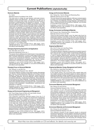 Current Publications (alphabetically) 
Electronic Materials 
H.L. Kwok 
Materials Science Foundations Vols. 63-64 
This book aims to bridge the gap between solid-state physics, 
materials science and electronics. Its objective is to serve as a 
textbook covering all three areas, but having the ultimate goal of 
providing an understanding of the operation of devices. To make 
this book useful to a broad set of readers, the tendency is to treat 
the more difficult subjects, such as solid-state physics, using fewer 
mathematics and including worked examples where possible. By 
using such an approach, it is possible to include not only basic 
principles, but also the knowledge needed for applications. Keeping 
the subject matter at the elementary level as far as possible, the first 
2 chapters introduce classical theories and address questions as 
elementary as, what are solids, before moving on to examine crystal 
structures and the link between crystal structures and materials 
properties. In the subsequent chapters, solids are examined in the 
sequence: metals; semiconductors; insulators; magnetic solids; 
superconductors; light-sensitive solids. Applications are discussed 
and examined. The last chapter is devoted to solid-state transducers 
and their applications. Altogether, this makes for a very accessible 
introduction to the subject matter. 
Available in print (978-0-87849-154-4), 486 pages, 2010, 
US$166.00/€120.00, also available on CD (978-0-87849-154-4) 
and eBook (sold separately) 
Emerging Engineering Approaches and Applications 
Eds. Elwin Mao and Linli Xu 
Advanced Engineering Forum Vol. 1 
This special volume addresses the hottest issues in new engineering 
approaches and applications. It covers a wide range of topics in this 
area: including engineering applications, industrial engineering, 
engineering computational methods, engineering information 
systems and engineering management, etc. Via this volume, 
researchers in this field can access cutting-edge information. 
Available in print (978-3-03785-234-7), 430 pages, 2011, 
US$138.00/€100.00, also available on CD (978-3-03795-059-3) 
and eBook (sold separately) 
Emerging Focus on Advanced Materials 
Eds. Shiquan Liu and Min Zuo 
Advanced Materials Research Vols. 306-307 
This special collection of papers covers fields including: Biomaterials 
and Tissues, Energy-Harvesting Materials and Energy-Transfer 
Materials, Optical and Electronic Materials, Superconductive 
and Magnetic Materials, Structural Materials, Polymer Materials, 
Composite Materials, Constructional Materials, Nanomaterials, 
Environmental and Green Materials. These selected articles focus 
on the latest developments in advanced materials. The proceedings 
will provide materials scientists and engineers with a comprehensive 
overview of the preparation, characterization, performance and 
application of materials. 
Available in print (978-3-03785-204-0), 1700 pages, 2011, 
US$345.00/€250.00, also available on CD (978-3-03795-029-6) 
and eBook (sold separately) 
Energy and Environment Engineering and Management 
Eds. Paulo Sérgio Duque de Brito and José Gañán Gómez 
Advanced Materials Research Vol. 107 
This collection comprises selected papers from the 3 rd 
International Congress on Energy and Environment Engineering 
and Management. Each Congress provides an opportunity for 
academics, scientific consultants and companies to share days 
of interaction that permit the free interchange of experience and, 
at the same time, create and renew links between different work-groups. 
This Congress included a total of six thematic areas, 
covering a broad spectrum within the applications associated with 
environmental engineering, energy installations, renewable energy, 
electromechanics, materials and project engineering. The contents 
therefore provide a handy introduction to the subject. 
Available in print (978-0-87849-277-0), 164 pages, 2010, 
US$124.00/€90.00, also available on CD (978-3-908452-02-7) and 
eBook (sold separately) 
Energy and Environment Materials 
Eds. Yafang Han, Tianmin Wang and Shaoxiong Zhou 
Materials Science Forum Vol. 650 
The main theme of this special collection of 60 peer-reviewed papers 
is Energy and Environmental Materials”. The collection is divided 
into 4 chapters: Eco-Materials, Energy Materials, Light Metals and 
Alloys, Low-Dimensional and Amorphous Materials, and provides 
an up-to-date survey of the topic. 
Available in print (978-0-87849-266-4), 388 pages, 2010, 
US$246.00/€178.00, also available on CD (978-3-908452-18-8) 
and eBook (sold separately) 
Energy, Environment and Biological Materials 
Eds. Kunyuan Gao, Shaoxiong Zhou, Xinqing Zhao 
Materials Science Forum Vol. 685 
These 64 peer-reviewed papers cover the latest data found by 
researchers working in the fields of solar cells, eco-materials and 
technologies related to climate change and bio-medical materials. As 
such, they will be essential reading for those involved in those fields. 
Available in print (978-3-03785-115-9), 420 pages, 2011, 
US$218.00/€158.00, also available on CD (978-3-03785-116-6) 
and eBook (sold separately) 
Engineering Materials V 
Eds. Chin-Yi Chen and Jing-Tang Chang 
Key Engineering Materials Vol. 479 
This special collection integrates fundamental and applied research 
work which focused on various fields of engineering materials use. 
The contents are organized under various technical headings 
in order to address experimental, theoretical and manufacturing 
issues associated with the development of new metallic materials 
and processes, advanced electronic packaging, solar cells and 
nano-materials, and the evolving approaches used in commercial 
applications. The contents suggest a wealth of new ideas. 
Available in print (978-3-03785-129-6), 168 pages, 2011, 
US$124.00/€90.00, also available on CD (978-3-03785-130-2) and 
eBook (sold separately) 
Engineering Materials, Energy, Management and Control 
Eds. Zhihua Xu, Gang Shen and Sally Lin 
Advanced Materials Research Vols. 171-172 
In this special volume, are to be found many original ideas and 
new insights among the authoritative papers on various aspects of 
engineering materials, energy, management and control, based upon 
information technology. It will make an excellent starting-point from 
which researchers can reassess their ideas using new perspectives. 
Available in print (978-3-03785-002-2), 860 pages, 2011, 
US$366.00/€265.00, also available on CD (978-3-908452-81-2) 
and eBook (sold separately) 
Environment Materials and Environment Management 
Eds. Zhenyu Du and X.B Sun 
Advanced Materials Research Vols. 113-116 
This collection of over 500 peer-reviewed papers presents 
new research results on environment-friendly materials and 
environmental management. It aims to bring together researchers, 
developers and users from around the world, working in both 
industry and academia, in order to share state-of-the-art results, 
to explore new areas of research and development and to discuss 
the emerging issues facing environment-friendly materials and 
environmental management. The work presents important new 
perspectives on this ever more essential field. 
Available in print (978-0-87849-259-6), 2556 pages, 2010, 
US$690.00/€500.00, also available on CD (978-3-908452-27-0) 
and eBook (sold separately) 
Environment Materials and Environment Management 
Eds. Zhenyu Du and Chengbin Li 
Advanced Materials Research Vol. 281 
This collection consists of new research results in advanced 
mechanical engineering. It brings together industrial and academic 
researchers, developers, and users from around the world in the 
form of their shared state-of-the-art results: exploring new areas of 
research and development, and discussing the emerging issues 
20 Most titles now also available on CD and eBook, for details visit www.ttp.net 
 