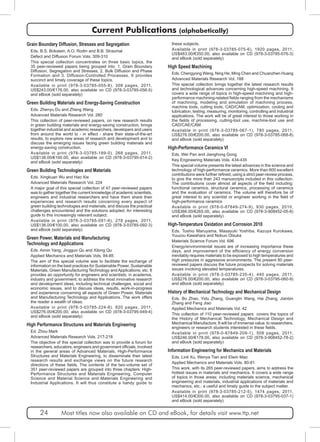 Current Publications (alphabetically) 
Grain Boundary Diffusion, Stresses and Segregation 
Eds. B.S. Bokstein, A.O. Rodin and B.B. Straumal 
Defect and Diffusion Forum Vols. 309-310 
This special collection concentrates on three basic topics, the 
35 peer-reviewed papers being grouped into: 1. Grain Boundary 
Diffusion, Segregation and Stresses, 2. Bulk Diffusion and Phase 
Formation and 3. Diffusion-Controlled Processes. It provides 
succinct and timely coverage of these topics. 
Available in print (978-3-03785-055-8), 308 pages, 2011, 
US$243.00/€176.00, also available on CD (978-3-03785-056-5) 
and eBook (sold separately) 
Green Building Materials and Energy-Saving Construction 
Eds. Zhenyu Du and Zheng Wang 
Advanced Materials Research Vol. 280 
This collection of peer-reviewed papers, on new research results 
in green building materials and energy-saving construction, brings 
together industrial and academic researchers, developers and users 
from around the world to - in effect - share their state-of-the-art 
results, to explore new areas of research and development and to 
discuss the emerging issues facing green building materials and 
energy-saving construction. 
Available in print (978-3-03785-189-0), 268 pages, 2011, 
US$138.00/€100.00, also available on CD (978-3-03795-014-2) 
and eBook (sold separately) 
Green Building Technologies and Materials 
Eds. Xingkuan Wu and Hao Xie 
Advanced Materials Research Vol. 224 
A major goal of this special collection of 47 peer-reviewed papers 
was to gather together the current knowledge of academic scientists, 
engineers and industrial researchers and have them share their 
experiences and research results concerning every aspect of 
green building technologies and materials, and discuss the practical 
challenges encountered and the solutions adopted. An interesting 
guide to this increasingly relevant subject. 
Available in print (978-3-03785-091-6), 278 pages, 2011, 
US$138.00/€100.00, also available on CD (978-3-03785-092-3) 
and eBook (sold separately) 
Green Power, Materials and Manufacturing 
Technology and Applications 
Eds. Aimin Yang, Jingguo Qu and Xilong Qu 
Applied Mechanics and Materials Vols. 84-85 
The aim of this special volume was to facilitate the exchange of 
information on the best practices for Sustainable Power, Sustainable 
Materials, Green Manufacturing Technology and Applications, etc. It 
provides an opportunity for engineers and scientists, in academia, 
industry and government, to address the most innovative research 
and development ideas, including technical challenges, social and 
economic issues, and to discuss ideas, results, work-in-progress 
and experience concerning all aspects of Green Power, Materials 
and Manufacturing Technology and Applications. The work offers 
the reader a wealth of ideas. 
Available in print (978-3-03785-224-8), 820 pages, 2011, 
US$276.00/€200.00, also available on CD (978-3-03795-049-4) 
and eBook (sold separately) 
High Performance Structures and Materials Engineering 
Ed. Zhou Mark 
Advanced Materials Research Vols. 217-218 
The objective of this special collection was to provide a forum for 
researchers, educators, engineers and government officials, involved 
in the general areas of Advanced Materials, High-Performance 
Structures and Materials Engineering, to disseminate their latest 
research results and exchange views on the future research 
directions of these fields. The contents of the two-volume set of 
351 peer-reviewed papers are grouped into three chapters: High- 
Performance Structures and Materials Engineering, Computer 
Science and Material Science and Materials Engineering and 
Industrial Applications. It will thus constitute a handy guide to 
these subjects. 
Available in print (978-3-03785-075-6), 1920 pages, 2011, 
US$483.00/€350.00, also available on CD (978-3-03785-076-3) 
and eBook (sold separately) 
High Speed Machining 
Eds. Chengyong Wang, Ning He, Ming Chen and Chuanzhen Huang 
Advanced Materials Research Vol. 188 
This special collection brings together the latest research results 
and technological advances concerning high-speed machining. It 
covers a wide range of topics in high-speed machining and high-performance 
machining-related fields ranging from the mechanisms 
of machining, modeling and simulation of machining process, 
machine tools, cutting tools, CAD/CAM, optimization, cooling and 
lubrication, testing, measuring, monitoring, controlling and industrial 
applications. The work will be of great interest to those working in 
the fields of processing, cutting-tool use, machine-tool use and 
CAD/CAE/CAM. 
Available in print (978-3-03785-067-1), 780 pages, 2011, 
US$276.00/€200.00, also available on CD (978-3-03785-068-8) 
and eBook (sold separately) 
High-Performance Ceramics VI 
Eds. Wei Pan and Jianghong Gong 
Key Engineering Materials Vols. 434-435 
This special volume presents the latest advances in the science and 
technology of high-performance ceramics. More than 600 excellent 
contributions were further refined, using a strict peer-review process, 
to give the more than 243 manuscripts included in this collection. 
The contributions cover almost all aspects of the field including: 
functional ceramics, structural ceramics, processing of ceramics 
and the evaluation of ceramics. The volume will therefore be of 
great interest to any scientist or engineer working in the field of 
high-performance ceramics 
Available in print (978-0-87849-274-9), 930 pages, 2010, 
US$366.00/€265.00, also available on CD (978-3-908452-05-8) 
and eBook (sold separately) 
High-Temperature Oxidation and Corrosion 2010 
Eds. Toshio Maruyama, Masayuki Yoshiba, Kazuya Kurokawa, 
Yuuzou Kawahara and Nobuo Otsuka 
Materials Science Forum Vol. 696 
Energy/environmental issues are of increasing importance these 
days, and improvement of the efficiency of energy conversion 
inevitably requires materials to be exposed to high temperatures and 
high pressures in aggressive environments. The present 80 peer-reviewed 
papers discuss the future prospects for solving materials 
issues involving elevated temperatures. 
Available in print (978-3-03785-235-4), 440 pages, 2011, 
US$276.00/€200.00, also available on CD (978-3-03795-060-9) 
and eBook (sold separately) 
History of Mechanical Technology and Mechanical Design 
Eds. Bo Zhao, Yidu Zhang, Guanglin Wang, Hai Zhang, Jianbin 
Zhang and Feng Jiao 
Applied Mechanics and Materials Vol. 42 
This collection of 110 peer-reviewed papers covers the topics of 
the History of Mechanical Technology, Mechanical Design and 
Mechanical Manufacture. It will be of immense value to researchers, 
engineers or research students interested in these fields. 
Available in print (978-0-87849-209-1), 508 pages, 2011, 
US$246.00/€178.00, also available on CD (978-3-908452-78-2) 
and eBook (sold separately) 
Information Engineering for Mechanics and Materials 
Eds. Linli Xu, Wenya Tian and Elwin Mao 
Applied Mechanics and Materials Vols. 80-81 
This work, with its 265 peer-reviewed papers, aims to address the 
hottest issues in materials and mechanics. It covers a wide range 
of topics in those areas; including materials science, mechanical 
engineering and materials, industrial applications of materials and 
mechanics, etc.: a useful and timely guide to the subject matter. 
Available in print (978-3-03785-212-5), 1474 pages, 2011, 
US$414.00/€300.00, also available on CD (978-3-03795-037-1) 
and eBook (sold separately) 
24 Most titles now also available on CD and eBook, for details visit www.ttp.net 
 