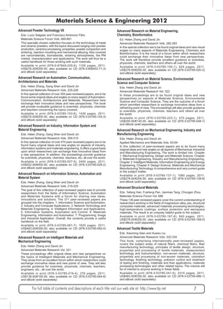 Materials Science & Engineering 2012 
Advanced Powder Technology VII 
Eds. Lucio Salgado and Francisco Ambrozio Filho 
Materials Science Forum Vols. 660-661 
This specially chosen collection focuses on the technology of metal 
and ceramic powders, with the topics discussed ranging over powder 
production, ceramics processing, properties, powder compaction and 
sintering, injection moulding and mechanical alloying. Also covered 
are nanomaterials, biomaterials, sintering atmospheres, the PM 
market, characterization and applications. The work will thus be a 
useful handbook for those working with such materials. 
Available in print (978-0-87849-220-6), 1100 pages, 2011, 
US$276.00/€200.00, also available on CD (978-3-908452-71-3) 
and eBook (sold separately) 
Advanced Research on Automation, Communication, 
Architectonics and Materials 
Eds. Helen Zhang, Gang Shen and David Jin 
Advanced Materials Research Vols. 225-226 
In this special collection of over 304 peer-reviewed papers, are to be 
found some original ideas and angles on every aspect of Automation, 
Communication, Architectonics and Materials. Researchers here 
exchange their innovative ideas and new perspectives. The book 
will provide invaluable guidance to scientists, physicists, chemists 
and teachers concerning the topics covered. 
Available in print (978-3-03785-103-6), 1426 pages, 2011, 
US$276.00/€200.00, also available on CD (978-3-03785-104-3) 
and eBook (sold separately) 
Advanced Research on Industry, Information System and 
Material Engineering 
Eds. Helen Zhang, Gang Shen and David Jin 
Advanced Materials Research Vols. 204-210 
In this special collection of over 470 peer-reviewed papers are to be 
found many original ideas and new angles on aspects of industry, 
information systems and materials engineering. It offers a good basis 
upon which researchers can exchange their innovative ideas from 
a new perspective. In addition, the proceedings provide guidance 
for scientists, physicists, chemists, teachers, etc. all over the world. 
Available in print (978-3-03785-027-5), 2400 pages, 2011, 
US$552.00/€400.00, also available on CD (978-3-03785-028-2) 
and eBook (sold separately) 
Advanced Research on Information Science, Automation and 
Material System 
Eds. Helen Zhang, Gang Shen and David Jin 
Advanced Materials Research Vols. 219-220 
The goal of this collection of peer-reviewed papers was to provide 
researchers from the fields of Information Science, Automation 
and Materials Systems with a forum for sharing new ideas, 
innovations and solutions. The 371 peer-reviewed papers are 
grouped into the chapters: 1: Information Science and Automation, 
2: Industry and Computer Applications, 3: Network Technology and 
Materials Engineering, 4: Intelligent Information and Applications, 
5: Information Systems, Automation and Control, 6: Materials 
Engineering, Information and Automation, 7: Programming, Image 
and Industrial Application. Overall, the contents provide a useful 
handbook on the field. 
Available in print (978-3-03785-081-7), 1825 pages, 2011, 
US$483.00/€350.00, also available on CD (978-3-03785-082-4) 
and eBook (sold separately) 
Advanced Research on Intelligent Materials and 
Mechanical Engineering 
Eds. Helen Zhang and David Jin 
Advanced Materials Research Vol. 321 
These proceedings offer original ideas and new perspectives on 
the topics of Intelligent Materials and Mechanical Engineering. 
They arose from an excellent forum within which researchers could 
exchange innovative ideas and new points of view. They will also 
provide guidance for scientists, physicists, chemists, teachers, 
engineers, etc., all over the world. 
Available in print (978-3-03785-219-4), 276 pages, 2011, 
US$138.00/€100.00, also available on CD (978-3-03795-044-9) 
and eBook (sold separately) 
Advanced Research on Material Engineering, 
Chemistry, Bioinformatics 
Ed. Helen Zhang and David Jin 
Advanced Materials Research Vols. 282-283 
In this special collection are to be found original ideas and new visual 
angles on many aspects of Materials Engineering, Chemistry and 
Bioinformatics. It is the result of a forum within which researchers 
could exchange their innovative ideas from new perspectives. 
The work will therefore provide excellent guidance to scientists, 
physicists, chemists, teachers and others all over the world. 
Available in print (978-3-03785-195-1), 824 pages, 2011, 
US$276.00/€200.00, also available on CD (978-3-03795-020-3) 
and eBook (sold separately) 
Advanced Research on Material Science, Environmental 
Science and Computer Science 
Eds. Helen Zhang and David Jin 
Advanced Materials Research Vol. 322 
In these proceedings are to be found original ideas and new 
perspectives on aspects of Materials Science, Environmental 
Science and Computer Science. They are the outcome of a forum 
which permitted researchers to exchange innovative ideas from a 
refreshing point of view. The proceedings will also provide guidance 
to scientists, physicists, chemists, teachers and others all over 
the world. 
Available in print (978-3-03785-223-1), 470 pages, 2011, 
US$200.00/€145.00, also available on CD (978-3-03795-048-7) 
and eBook (sold separately) 
Advanced Research on Mechanical Engineering, Industry and 
Manufacturing Engineering 
Eds. Helen Zhang and David Jin 
Applied Mechanics and Materials Vols. 63-64 
In this collection of peer-reviewed papers are to be found many 
original ideas and new angles on all aspects of Mechanical, Industrial 
and Manufacturing Engineering. The work is divided into: Chapter 
1: Mechanical Engineering, Design and Materials Science, Chapter 
2: Materials Engineering, Industry and Manufacturing Engineering, 
Chapter 3: Intelligent Materials, Information Engineering and Energy 
Engineering, Chapter 4: Design Science, Materials and Mechanical 
Manufacturing Technology. A comprehensive and very current guide 
to the subject matter. 
Available in print (978-3-03785-137-1), 1080 pages, 2011, 
US$276.00/€200.00, also available on CD (978-3-03785-138-8) 
and eBook (sold separately) 
Advanced Structural Materials 
Eds. Yafang Han, Fusheng Pan, Jianmao Tang, Chungen Zhou 
Materials Science Forum Vol. 686 
These 136 peer-reviewed papers cover the current understanding of 
researchers working in the fields of magnesium alloy use, structural 
composite materials, advanced materials processing technologies, 
high-temperature coatings, surface protection and aerospace 
materials. The result is an uniquely helpful guide to the subject. 
Available in print (978-3-03785-167-8), 840 pages, 2011, 
US$276.00/€200.00, also available on CD (978-3-03785-168-5) 
and eBook (sold separately) 
Advanced Textile Materials 
Eds. Xiaoming Qian and Huawu Liu 
Advanced Materials Research Vols. 332-334 
This book, comprising internationally peer-reviewed papers, 
covers the subject areas of natural fibers, chemical fibers, fiber 
manufacturing technology, principles of textile design, structure, 
properties and processing of textile materials, measurement 
technology and instrumentation, non-woven materials, structure, 
properties and processing of non-woven materials, coloration 
technology, finishing technology, pollution control and treatment 
of dyeing and finishing, materials and their applications, materials 
processing technologies and other related topics. The volume will 
be of interest to anyone working in these fields. 
Available in print (978-3-03785-241-5), 2310 pages, 2011, 
US$483.00/€350.00, also available on CD (978-3-03795-066-1) 
and eBook (sold separately) 
For full table of contents and descriptions of each title visit our web site at: http://www.ttp.net 7 
 