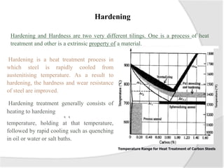 Hardening
Hardening and Hardness are two very different tilings. One is a process of heat
treatment and other is a extrinsic property of a material.
Hardening is a heat treatment process in
which steel is rapidly cooled from
austenitising temperature. As a result to
hardening, the hardness and wear resistance
of steel are improved.
Hardening treatment generally consists of
heating to hardening
c c
temperature, holding at that temperature,
followed by rapid cooling such as quenching
in oil or water or salt baths.
Temperature Range for Heat Treatment of Carbon Steels
Temperature
(°F)
 