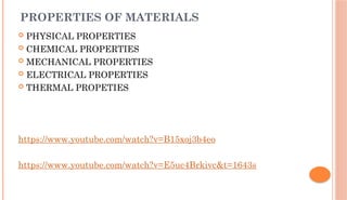 PROPERTIES OF MATERIALS
 PHYSICAL PROPERTIES
 CHEMICAL PROPERTIES
 MECHANICAL PROPERTIES
 ELECTRICAL PROPERTIES
 THERMAL PROPETIES
https://www.youtube.com/watch?v=B15xoj3b4eo
https://www.youtube.com/watch?v=E5uc4Brkivc&t=1643s
 