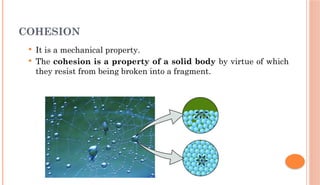 COHESION
 It is a mechanical property.
 The cohesion is a property of a solid body by virtue of which
they resist from being broken into a fragment.
 