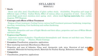 SYLLABUS
MODULE 2
 Steels
Steels and alloy steel, Classification of plain carbon steels, Availability, Properties and usage of
different types of Plain Carbon Steels, Effect of various alloys on properties of steel, Uses of alloy
steels (high speed steel, stainless steel, spring steel, silicon steel) Spring materials, Iron –carbon
diagram, TTT Diagram.
 Concepts and effects of Heat Treatment
Purpose of heat treatment, Cooling Curves various heaT treatment processes hardening, tempering,
nnealing, normalizing, Case hardening and surface hardening.
 Non Ferrous
Materials: Properties and uses of Light Metals and their alloys, properties and uses of White Metals
and their alloys.
 Engineering Plastics
Important sources of plastics, Classification-thermoplastic and thermo set and their uses, Various
Trade names of engg. Plastics, Plastic Coatings
 Ceramics: Classification, properties, applications
 Heat insulating materials Miscellaneous Materials
 Properties and uses of Asbestos, Glass wool, thermocole, cork, mica. Overview of tool and die
materials, Materials for bearing metals, Materials for Nuclear Energy, Refractory materials.
 Composites
 Classification, properties, applications
 