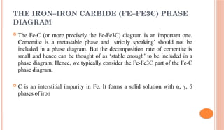 THE IRON–IRON CARBIDE (FE–FE3C) PHASE
DIAGRAM
 The Fe-C (or more precisely the Fe-Fe3C) diagram is an important one.
Cementite is a metastable phase and ‘strictly speaking’ should not be
included in a phase diagram. But the decomposition rate of cementite is
small and hence can be thought of as ‘stable enough’ to be included in a
phase diagram. Hence, we typically consider the Fe-Fe3C part of the Fe-C
phase diagram.
 C is an interstitial impurity in Fe. It forms a solid solution with α, γ, δ
phases of iron
 