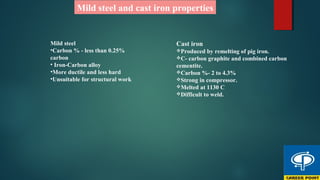 Mild steel and cast iron properties
Mild steel
•Carbon % - less than 0.25%
carbon
• Iron-Carbon alloy
•More ductile and less hard
•Unsuitable for structural work
Cast iron
Produced by remelting of pig iron.
C- carbon graphite and combined carbon
cementite.
Carbon %- 2 to 4.3%
Strong in compressor.
Melted at 1130 C
Difficult to weld.
 