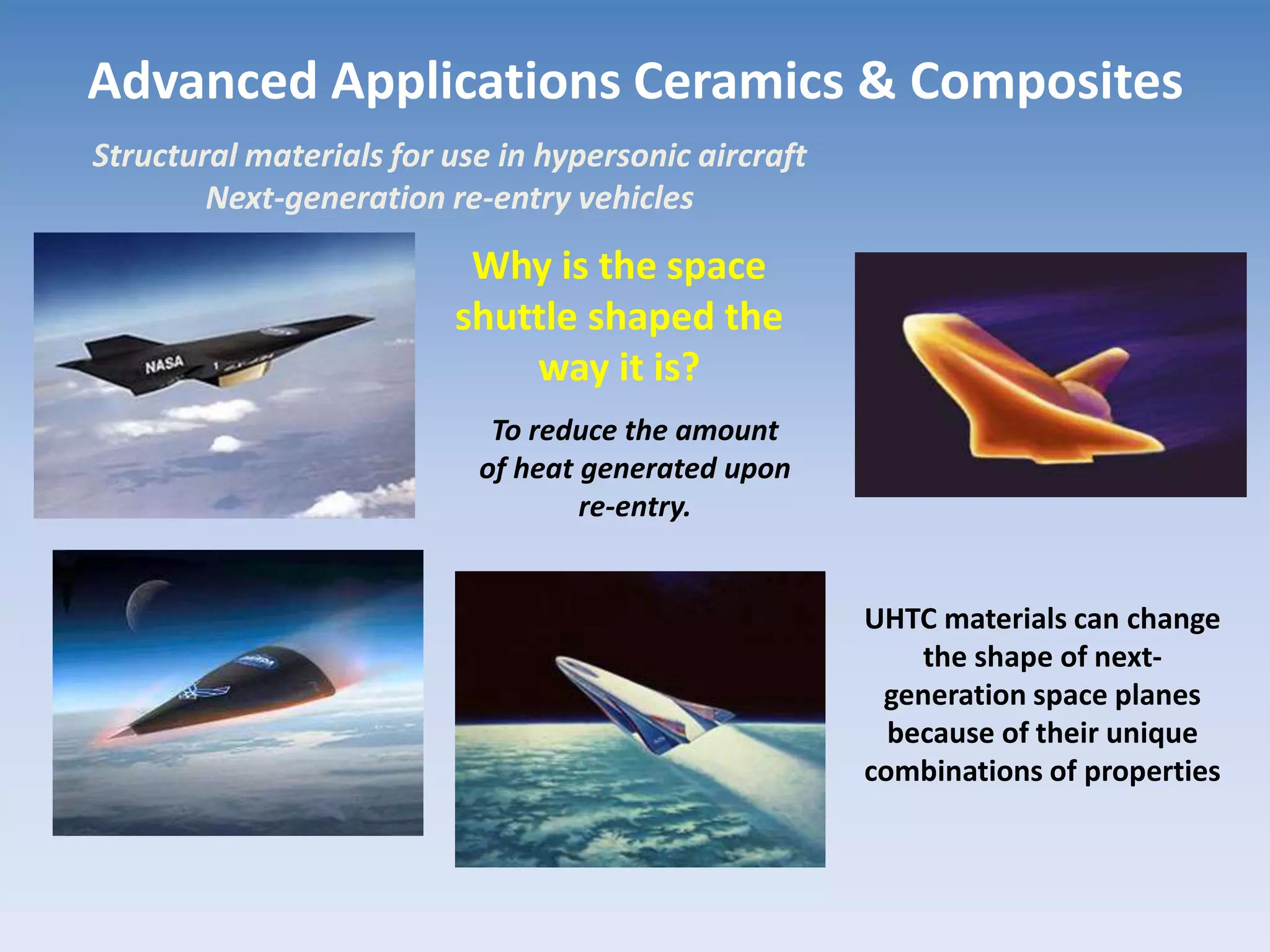 Advanced Applications Ceramics & Composites
Structural materials for use in hypersonic aircraft
Next-generation re-entry vehicles
UHTC materials can change
the shape of next-
generation space planes
because of their unique
combinations of properties
Why is the space
shuttle shaped the
way it is?
To reduce the amount
of heat generated upon
re-entry.
 