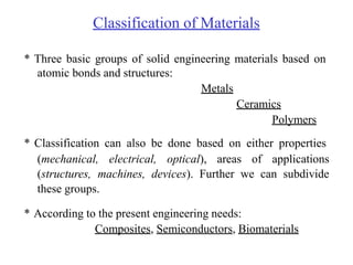 Classification of Materials
* Three basic groups of solid engineering materials based on
atomic bonds and structures:
Metals
Ceramics
Polymers
* Classification can also be done based on either properties
(mechanical, electrical, optical), areas of applications
(structures, machines, devices). Further we can subdivide
these groups.
* According to the present engineering needs:
Composites, Semiconductors, Biomaterials
 
