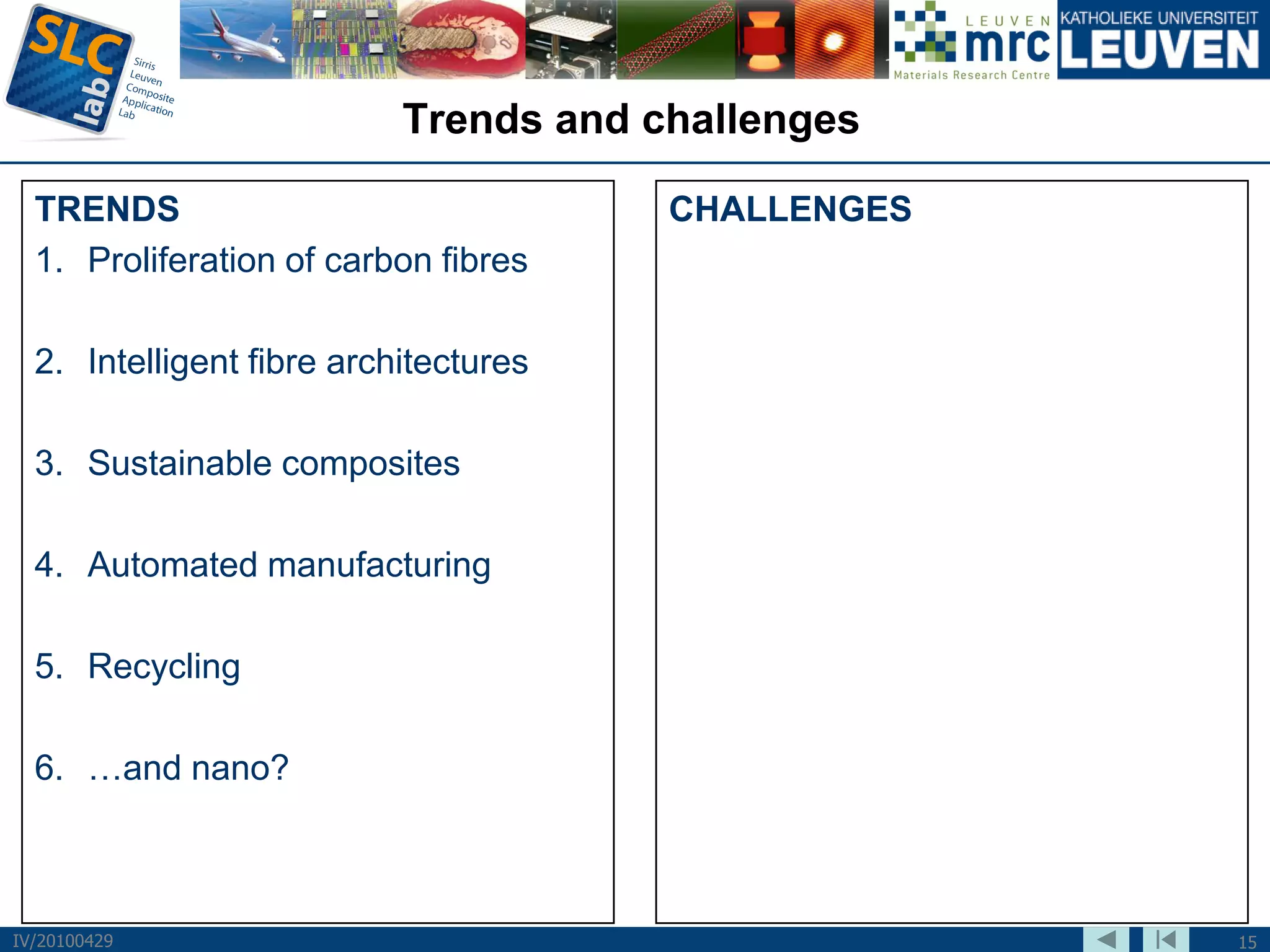 Trends and challenges

  TRENDS                               CHALLENGES
  1. Proliferation of carbon fibres

  2. Intelligent fibre architectures

  3. Sustainable composites

  4. Automated manufacturing

  5. Recycling

  6. …and nano?



IV/20100429                                         15
 