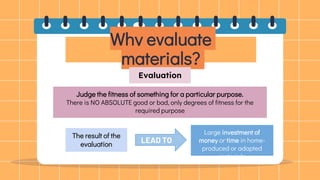 Why evaluate
materials?
Evaluation
Judge the fitness of something for a particular purpose.
There is NO ABSOLUTE good or bad, only degrees of fitness for the
required purpose
The result of the
evaluation
Large investment of
money or time in home-
produced or adapted
materials
LEAD TO
 