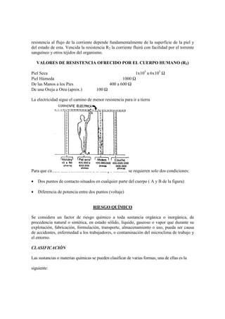 resistencia al flujo de la corriente depende fundamentalmente de la superficie de la piel y
del estado de esta. Vencida la resistencia R2 la corriente fluirá con facilidad por el torrente
sanguíneo y otros tejidos del organismo.

    VALORES DE RESISTENCIA OFRECIDO POR EL CUERPO HUMANO (R2)

Piel Seca                                                  1x105 a 6x105 Ω
Piel Húmeda                                          1000 Ω
De las Manos a los Pies                       400 a 600 Ω
De una Oreja a Otra (aprox.)          100 Ω

La electricidad sigue el camino de menor resistencia para ir a tierra




Para que circule una corriente sobre el cuerpo humano se requieren solo dos condiciones:

•   Dos puntos de contacto situados en cualquier parte del cuerpo ( A y B de la figura)

•   Diferencia de potencia entre dos puntos (voltaje)


                                    RIESGO QUÍMICO

Se considera un factor de riesgo químico a toda sustancia orgánica o inorgánica, de
procedencia natural o sintética, en estado sólido, líquido, gaseoso o vapor que durante su
explotación, fabricación, formulación, transporte, almacenamiento o uso, pueda ser causa
de accidentes, enfermedad a los trabajadores, o contaminación del microclima de trabajo y
el entorno.

CLASIFICACIÓN

Las sustancias o materias químicas se pueden clasificar de varias formas; una de ellas es la

siguiente:
 