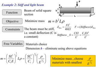 Example 2: Stiff and light beam
Function
Objective
Constraints
Free Variables
Beam of solid square
section
Minimize mass ρ
L
b
m 2
=
The beam must be stiff,
i.e. small deflection (C is
a constant) 3
4
1
3
3
_
)
(
48
L
Eb
C
L
CEI
S
Stiffness
Stiffness
F
EI
FL
Max
Max
=
=
=
= δ
δ
Materials choice
Dimension b – eliminate using above equations
⎟
⎟
⎠
⎞
⎜
⎜
⎝
⎛
⎟
⎟
⎠
⎞
⎜
⎜
⎝
⎛
=
⎟
⎟
⎠
⎞
⎜
⎜
⎝
⎛
=
2
1
2
1
1
5
2
1
1
3
E
C
SL
L
E
C
SL
m
ρ
ρ Minimize mass , choose
materials with smallest 2
1
E
ρ
 