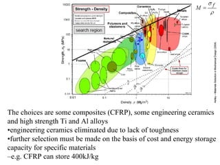 The choices are some composites (CFRP), some engineering ceramics
and high strength Ti and Al alloys
•engineering ceramics eliminated due to lack of toughness
•further selection must be made on the basis of cost and energy storage
capacity for specific materials
–e.g. CFRP can store 400kJ/kg
 