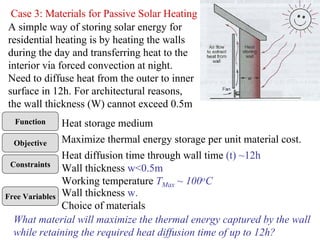 Case 3: Materials for Passive Solar Heating
A simple way of storing solar energy for
residential heating is by heating the walls
during the day and transferring heat to the
interior via forced convection at night.
Need to diffuse heat from the outer to inner
surface in 12h. For architectural reasons,
the wall thickness (W) cannot exceed 0.5m
Function
Objective
Heat storage medium
Maximize thermal energy storage per unit material cost.
Constraints
Free Variables
Heat diffusion time through wall time (t) ~12h
Wall thickness w<0.5m
Working temperature TMax ~ 100oC
Wall thickness w.
Choice of materials
What material will maximize the thermal energy captured by the wall
while retaining the required heat diffusion time of up to 12h?
 