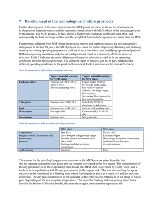 7 Development of the technology and future prospects
Further development of the material selection for MSF plants is related to the recent developments
in the process thermodynamics and the economic competition with MED, which is the emerging process
in the market. The MED process, in fact, allows a higher heat-exchange coefficient than MSF, and
consequently the heat exchange surface and the weight of this kind of evaporator are lower than for MSF.

Furthermore, different from MSF where the process pattern and thermodynamics did not substantially
changeover in the last 10 years, the MED process has room for further improving efficiency and reducing
costs by increasing operating temperature (still set at very low levels) and modifying operational patterns.
Different operating conditions and process configurations result in a drastically different material
selection. Table 3 indicates the main differences of material selection as well as in the operating
conditions between the two processes. The different types of material can be, in part, related to the
different operating conditions in the plant. In this respect Table 4 summarizes the main differences.

Table 3Comparison of MED and MSF material selection

                             Typical material selection     Typical material selection
                             for MED plants                 for MSF plants
Exchange tubes               Titanium ASTM B338 Gr.         Copper nickel 90/10 or
                             2;first 3 rows                 66/30 high- temp.stages,
                             Al brass remaining rows        heat recovery section
                                                            Al brass, low-temp. stages,
                                                            heat recovery
                                                            Section 66/30or titanium for
                                                            heat rejection section
Tube plates                  Stainless steel AISI 316 L     Solid CuNi 90 /10 or
                                                            aluminum nickel bronze
Shell                        Stainless steel AISI 316 L     Solid or clad stainless steel
Water boxes                  Not applicable                 Carbon steel Cu Ni 90 /10
                                                            clad
Steam boxes                  Stainless steel                Not applicable

Table 4Comparison of MSF and MED operating conditions

                                        MED plant                                MSF plant
Temperature                             Max 65°C                                 Up to 114°C
Oxygen content Chloroamine and          Up to 600 ppb in high-temp. stages       Less than 50 ppb
bromoamine                              Possible because deareation takes        With proper deareation bromoamine
presence                                place in the                             is released from deareator
                                        first stage and due to ejecto-           to vent condenser
                                        compression
Acid cleaning                           Frequent                                 Rare



The reason for the quite high oxygen concentration in the MED process arises from the fact
that no separate deareation takes place and the oxygen is released in the first stages. The concentration of
the oxygen dissolved in the evaporating brine inside the MED shell is governed by Henry’s law, and it
tends to be in equilibrium with the oxygen pressure in the vapour side. The area surrounding the spray
nozzles can be considered as a flashing zone where flashing takes place as a result of a sudden pressure
difference. The oxygen concentration in the seawater at the spray nozzle entrance is in the range of 6 to 8
ppm, depending on the raw seawater temperature. The more the flashing and evaporating brine flows
towards the bottom of the tube bundle, the more the oxygen concentration approaches the
 
