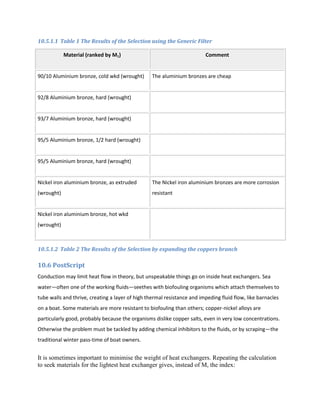 10.5.1.1 Table 1 The Results of the Selection using the Generic Filter

            Material (ranked by M1)                                      Comment


90/10 Aluminium bronze, cold wkd (wrought)        The aluminium bronzes are cheap


92/8 Aluminium bronze, hard (wrought)


93/7 Aluminium bronze, hard (wrought)


95/5 Aluminium bronze, 1/2 hard (wrought)


95/5 Aluminium bronze, hard (wrought)


Nickel iron aluminium bronze, as extruded         The Nickel iron aluminium bronzes are more corrosion
(wrought)                                         resistant


Nickel iron aluminium bronze, hot wkd
(wrought)



10.5.1.2 Table 2 The Results of the Selection by expanding the coppers branch

10.6 PostScript
Conduction may limit heat flow in theory, but unspeakable things go on inside heat exchangers. Sea
water—often one of the working fluids—seethes with biofouling organisms which attach themselves to
tube walls and thrive, creating a layer of high thermal resistance and impeding fluid flow, like barnacles
on a boat. Some materials are more resistant to biofouling than others; copper-nickel alloys are
particularly good, probably because the organisms dislike copper salts, even in very low concentrations.
Otherwise the problem must be tackled by adding chemical inhibitors to the fluids, or by scraping—the
traditional winter pass-time of boat owners.


It is sometimes important to minimise the weight of heat exchangers. Repeating the calculation
to seek materials for the lightest heat exchanger gives, instead of M, the index:
 