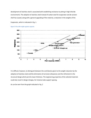 development of stainless steel is associated with establishing resistance to pitting in high chloride
environments. The adoption of stainless steel instead of carbon steel for evaporator and de-aerator
shell has caused, along with a general upgrading of the material, a reduction in the weights of the

Evaporator, which is indicated in Fig. 1.

Figure 2 Overall weight against capacity




It is difficult, however, to distinguish between the contribution given to the weight reduction by the
adoption of stainless steel and the elimination of corrosion allowances and the refinement in the
structural design which permits lower thickness. The engineering properties of the selected materials
could also result in design changes, for instance tube support spacing.

As can be seen from the graph indicated in Fig. 2
 