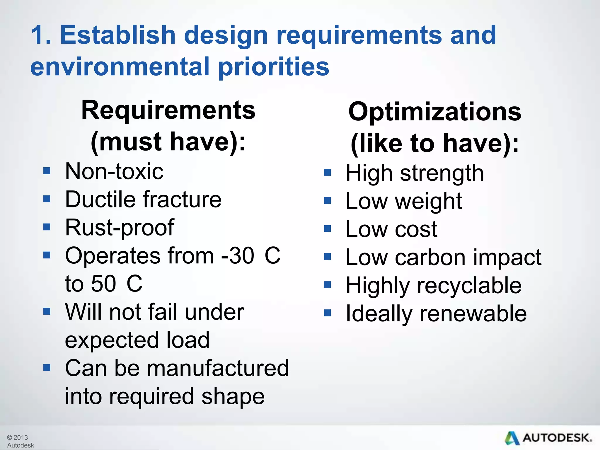 1. Establish design requirements and
environmental priorities
Requirements
(must have):





Non-toxic
Ductile fracture
Rust-proof
Operates from -30 C
to 50 C
 Will not fail under
expected load
 Can be manufactured
into required shape
© 2013
Autodesk

Optimizations
(like to have):







High strength
Low weight
Low cost
Low carbon impact
Highly recyclable
Ideally renewable

 