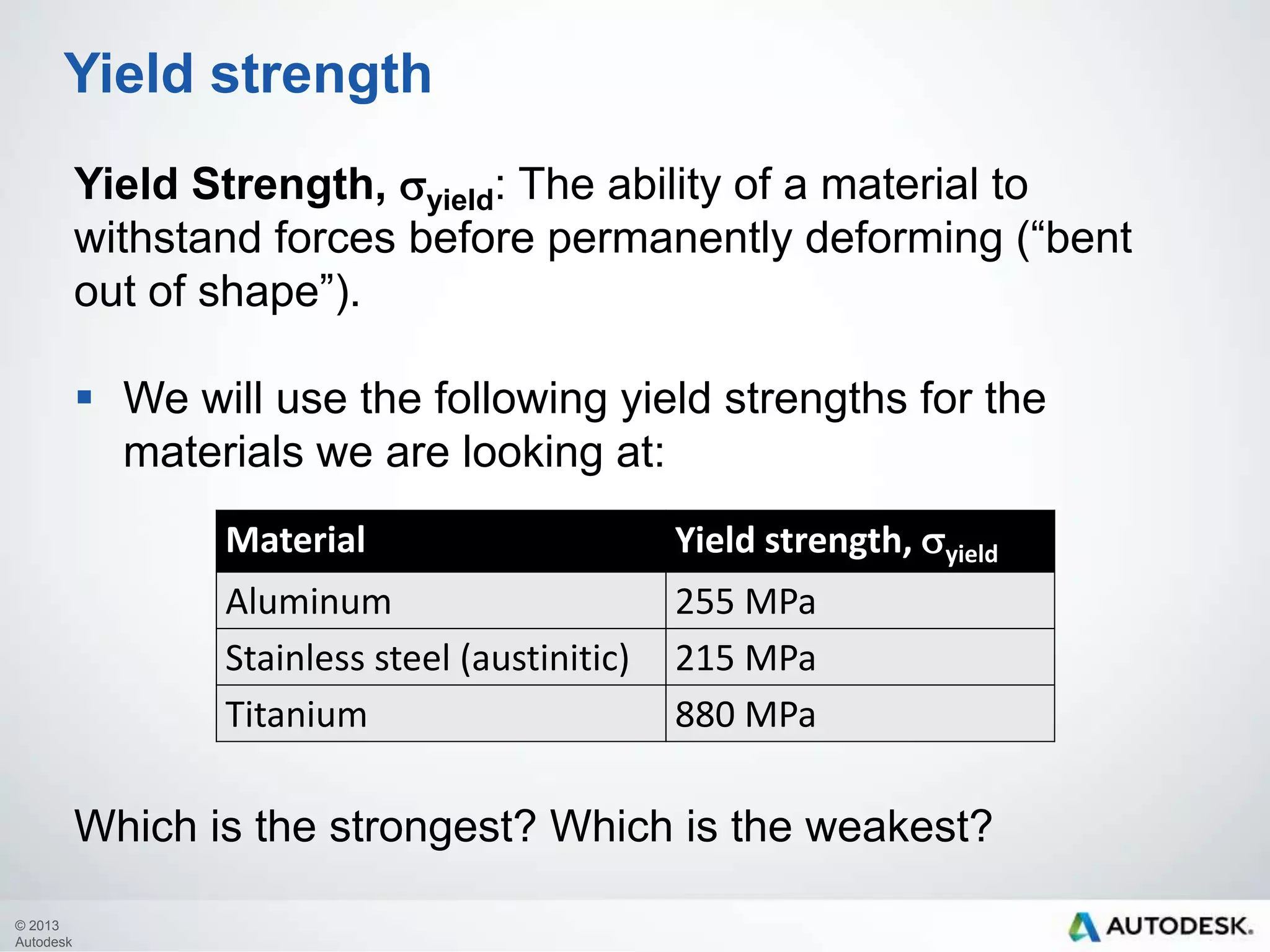 Yield strength
Yield Strength, syield: The ability of a material to
withstand forces before permanently deforming (“bent
out of shape”).
 We will use the following yield strengths for the
materials we are looking at:
Material

Yield strength, syield

Aluminum
Stainless steel (austinitic)
Titanium

255MPa
215 MPa
880 MPa

Which is the strongest? Which is the weakest?
© 2013
Autodesk

 
