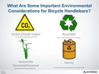 What Are Some Important Environmental
Considerations for Bicycle Handlebars?

Carbon Dioxide Impact
http://www.safetysign.com/images/catlog/product/large/J6574.png

SustainablyHarveste
d/Extracted

Recyclable
http://media.photobucket.com/image/Recycle/robynmartin1/recycle.jpg

Toxicity
http://media.photobucket.com/image/Toxic%20Waste/Baldur_of_the_Aesir/Sign-toxic_waste.jpg

http://openclipart.org/detail/174965/bamboo-by-artbejo-174965

© 2013
Autodesk

 