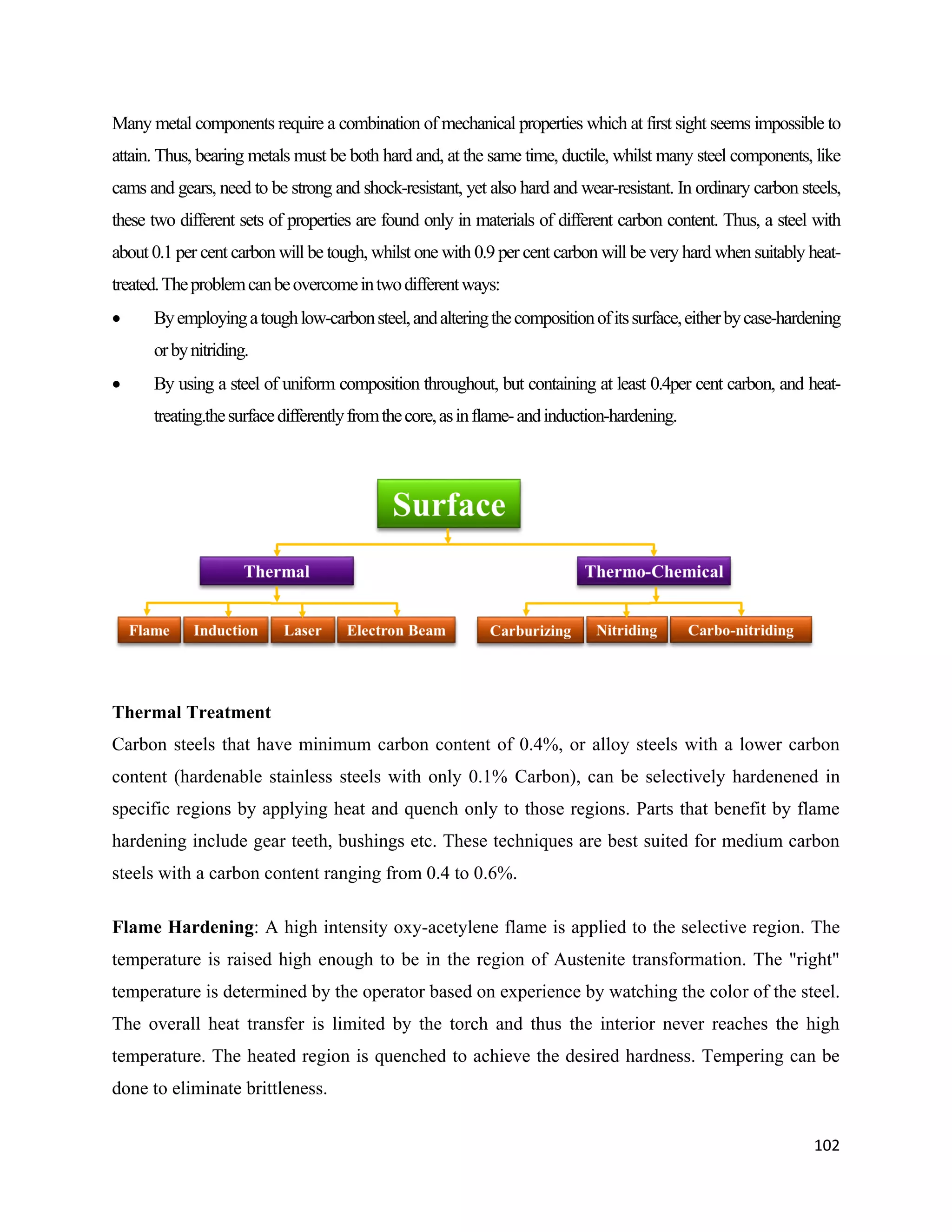 102
Many metal components require a combination of mechanical properties which at first sight seems impossible to
attain. Thus, bearing metals must be both hard and, at the same time, ductile, whilst many steel components, like
cams and gears, need to be strong and shock-resistant, yet also hard and wear-resistant. In ordinary carbon steels,
these two different sets of properties are found only in materials of different carbon content. Thus, a steel with
about 0.1 per cent carbon will be tough, whilst one with 0.9 per cent carbon will be very hard when suitably heat-
treated.Theproblemcanbeovercomeintwodifferentways:
 Byemployingatoughlow-carbonsteel,andalteringthecompositionofitssurface,eitherbycase-hardening
orbynitriding.
 By using a steel of uniform composition throughout, but containing at least 0.4per cent carbon, and heat-
treating.thesurfacedifferentlyfromthecore,asinflame-andinduction-hardening.
Thermal Treatment
Carbon steels that have minimum carbon content of 0.4%, or alloy steels with a lower carbon
content (hardenable stainless steels with only 0.1% Carbon), can be selectively hardenened in
specific regions by applying heat and quench only to those regions. Parts that benefit by flame
hardening include gear teeth, bushings etc. These techniques are best suited for medium carbon
steels with a carbon content ranging from 0.4 to 0.6%.
Flame Hardening: A high intensity oxy-acetylene flame is applied to the selective region. The
temperature is raised high enough to be in the region of Austenite transformation. The "right"
temperature is determined by the operator based on experience by watching the color of the steel.
The overall heat transfer is limited by the torch and thus the interior never reaches the high
temperature. The heated region is quenched to achieve the desired hardness. Tempering can be
done to eliminate brittleness.
 