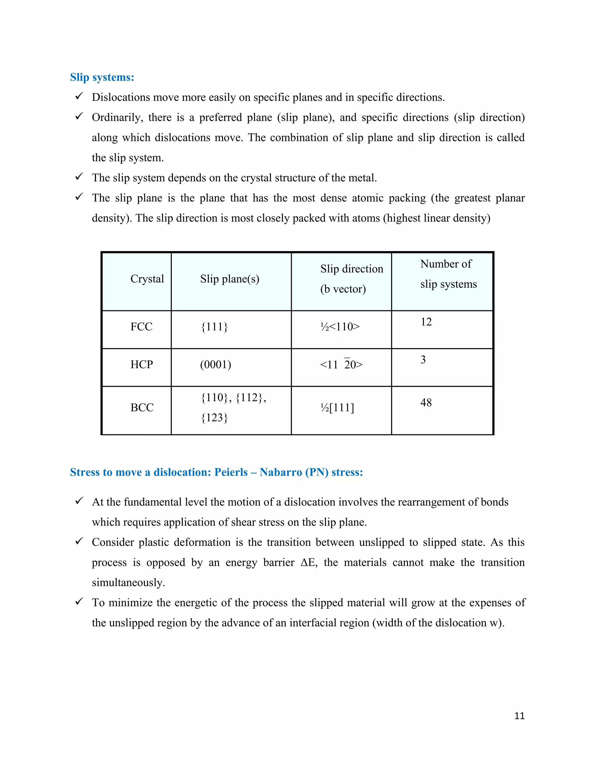 11
Slip systems:
 Dislocations move more easily on specific planes and in specific directions.
 Ordinarily, there is a preferred plane (slip plane), and specific directions (slip direction)
along which dislocations move. The combination of slip plane and slip direction is called
the slip system.
 The slip system depends on the crystal structure of the metal.
 The slip plane is the plane that has the most dense atomic packing (the greatest planar
density). The slip direction is most closely packed with atoms (highest linear density)
Crystal Slip plane(s)
Slip direction
(b vector)
Number of
slip systems
FCC {111} ½<110> 12
HCP (0001) <1120> 3
BCC
{110}, {112},
{123}
½[111] 48
Stress to move a dislocation: Peierls – Nabarro (PN) stress:
 At the fundamental level the motion of a dislocation involves the rearrangement of bonds
which requires application of shear stress on the slip plane.
 Consider plastic deformation is the transition between unslipped to slipped state. As this
process is opposed by an energy barrier ΔE, the materials cannot make the transition
simultaneously.
 To minimize the energetic of the process the slipped material will grow at the expenses of
the unslipped region by the advance of an interfacial region (width of the dislocation w).
 