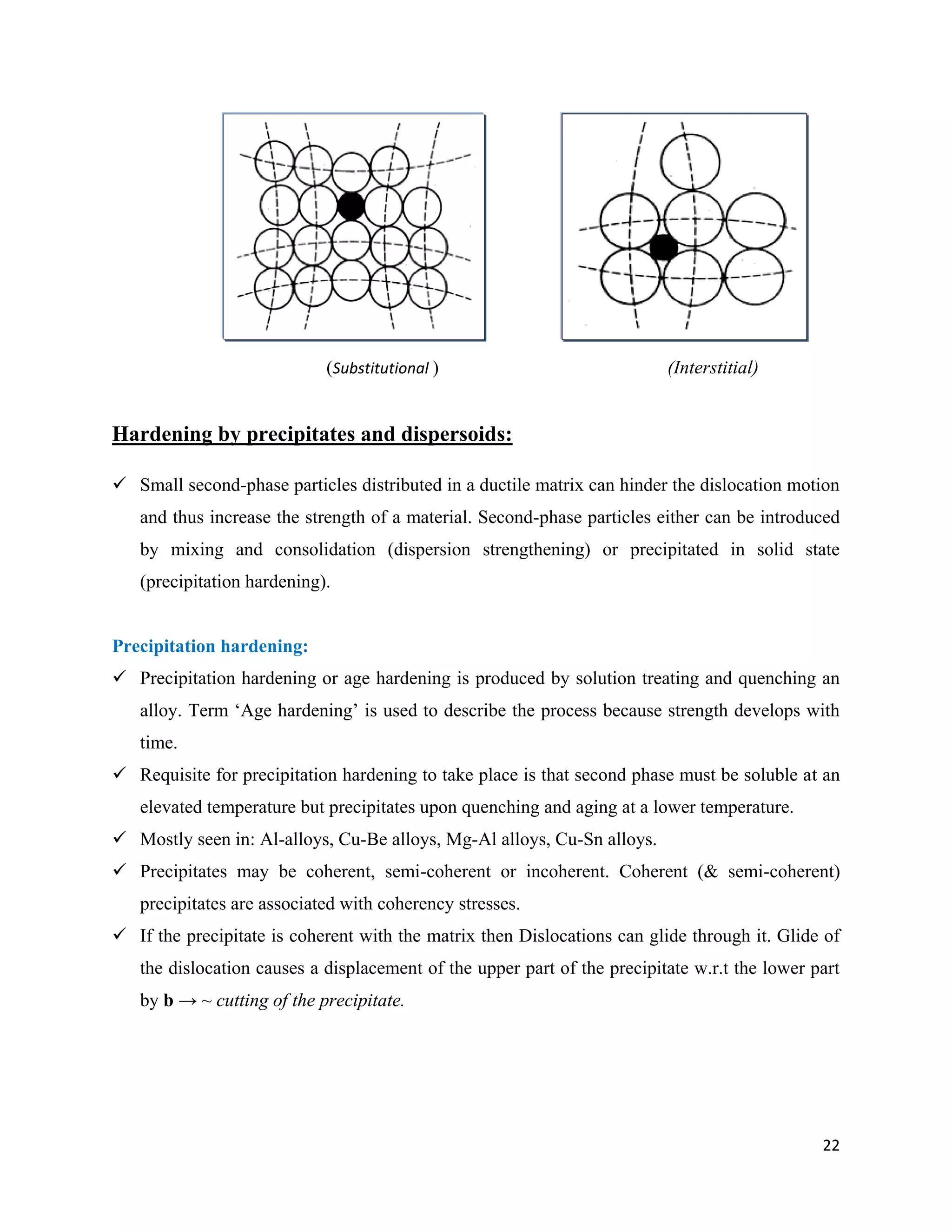 22
(Substitutional ) (Interstitial)
Hardening by precipitates and dispersoids:
 Small second-phase particles distributed in a ductile matrix can hinder the dislocation motion
and thus increase the strength of a material. Second-phase particles either can be introduced
by mixing and consolidation (dispersion strengthening) or precipitated in solid state
(precipitation hardening).
Precipitation hardening:
 Precipitation hardening or age hardening is produced by solution treating and quenching an
alloy. Term ‘Age hardening’ is used to describe the process because strength develops with
time.
 Requisite for precipitation hardening to take place is that second phase must be soluble at an
elevated temperature but precipitates upon quenching and aging at a lower temperature.
 Mostly seen in: Al-alloys, Cu-Be alloys, Mg-Al alloys, Cu-Sn alloys.
 Precipitates may be coherent, semi-coherent or incoherent. Coherent (& semi-coherent)
precipitates are associated with coherency stresses.
 If the precipitate is coherent with the matrix then Dislocations can glide through it. Glide of
the dislocation causes a displacement of the upper part of the precipitate w.r.t the lower part
by b → ~ cutting of the precipitate.
 