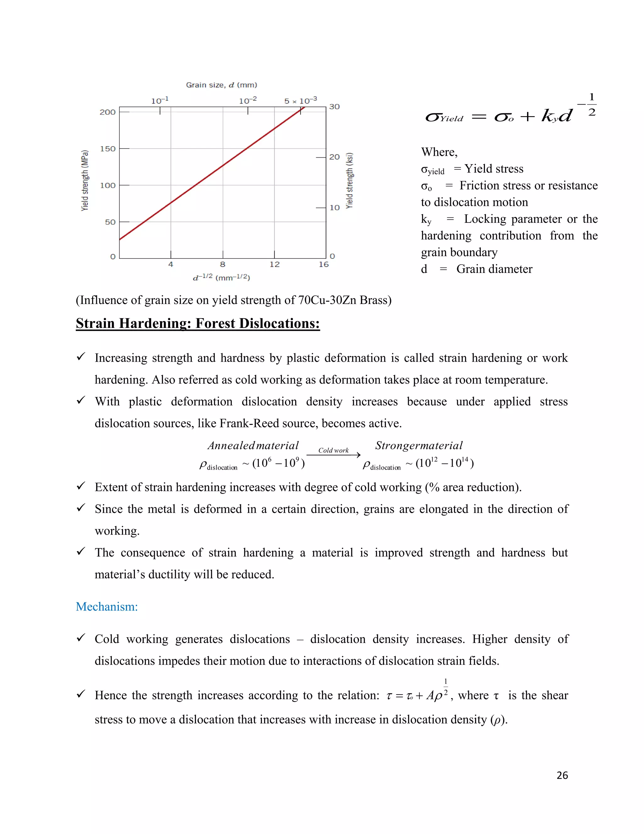 26
(Influence of grain size on yield strength of 70Cu-30Zn Brass)
Strain Hardening: Forest Dislocations:
 Increasing strength and hardness by plastic deformation is called strain hardening or work
hardening. Also referred as cold working as deformation takes place at room temperature.
 With plastic deformation dislocation density increases because under applied stress
dislocation sources, like Frank-Reed source, becomes active.
)1010(~)1010(~ 1412
ndislocatio
96
ndislocatio 
 
 
materialStrongermaterialAnnealed workCold
 Extent of strain hardening increases with degree of cold working (% area reduction).
 Since the metal is deformed in a certain direction, grains are elongated in the direction of
working.
 The consequence of strain hardening a material is improved strength and hardness but
material’s ductility will be reduced.
Mechanism:
 Cold working generates dislocations – dislocation density increases. Higher density of
dislocations impedes their motion due to interactions of dislocation strain fields.
 Hence the strength increases according to the relation: 2
1
 Ao  , where τ is the shear
stress to move a dislocation that increases with increase in dislocation density (ρ).
2
1

 dkyoYield 
Where,
σyield = Yield stress
σo = Friction stress or resistance
to dislocation motion
ky = Locking parameter or the
hardening contribution from the
grain boundary
d = Grain diameter
 