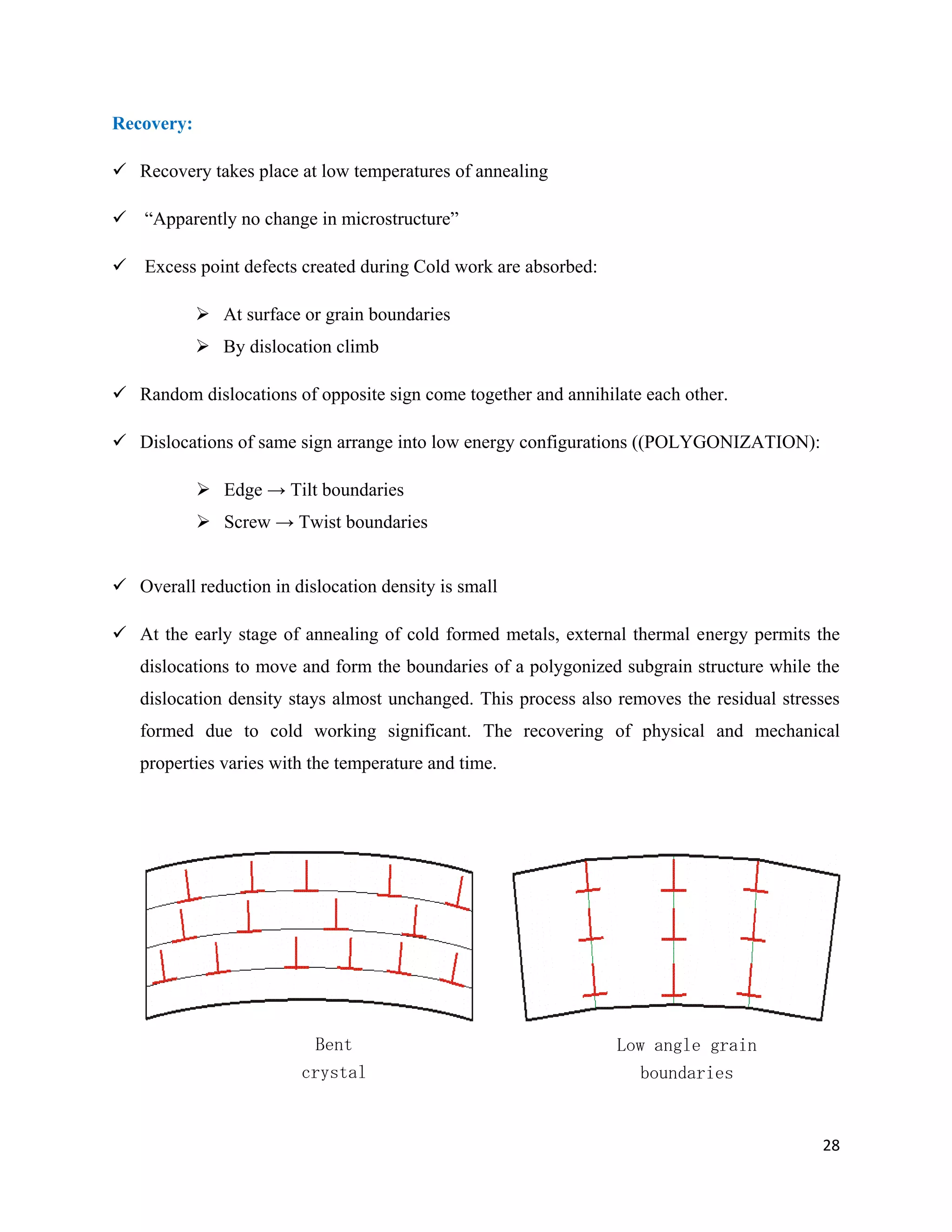 28
Recovery:
 Recovery takes place at low temperatures of annealing
 “Apparently no change in microstructure”
 Excess point defects created during Cold work are absorbed:
 At surface or grain boundaries
 By dislocation climb
 Random dislocations of opposite sign come together and annihilate each other.
 Dislocations of same sign arrange into low energy configurations ((POLYGONIZATION):
 Edge → Tilt boundaries
 Screw → Twist boundaries
 Overall reduction in dislocation density is small
 At the early stage of annealing of cold formed metals, external thermal energy permits the
dislocations to move and form the boundaries of a polygonized subgrain structure while the
dislocation density stays almost unchanged. This process also removes the residual stresses
formed due to cold working significant. The recovering of physical and mechanical
properties varies with the temperature and time.
Bent
crystal
Low angle grain
boundaries
 