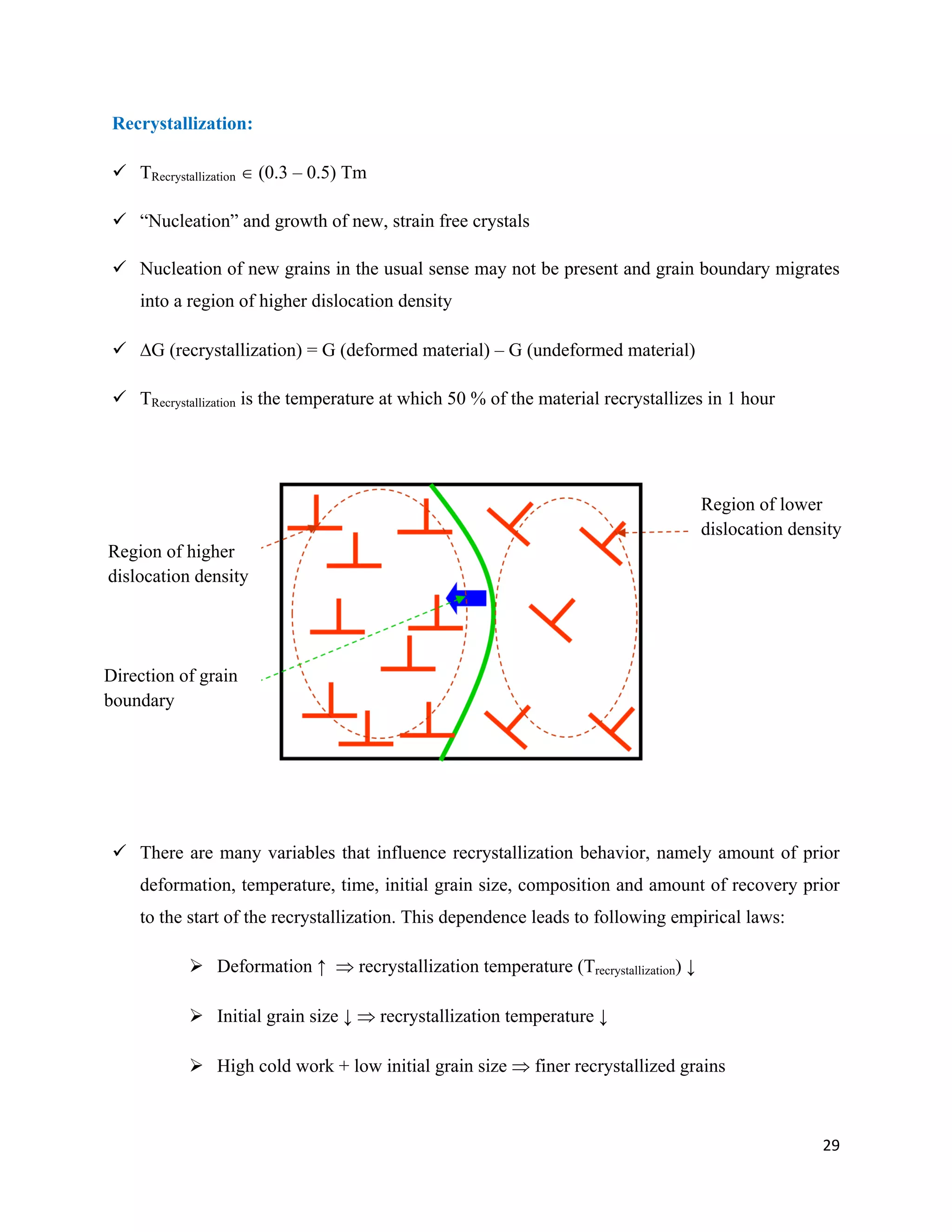 29
Recrystallization:
 TRecrystallization  (0.3 – 0.5) Tm
 “Nucleation” and growth of new, strain free crystals
 Nucleation of new grains in the usual sense may not be present and grain boundary migrates
into a region of higher dislocation density
 G (recrystallization) = G (deformed material) – G (undeformed material)
 TRecrystallization is the temperature at which 50 % of the material recrystallizes in 1 hour
 There are many variables that influence recrystallization behavior, namely amount of prior
deformation, temperature, time, initial grain size, composition and amount of recovery prior
to the start of the recrystallization. This dependence leads to following empirical laws:
 Deformation ↑  recrystallization temperature (Trecrystallization) ↓
 Initial grain size ↓  recrystallization temperature ↓
 High cold work + low initial grain size  finer recrystallized grains
Direction of grain
boundary
migration
Region of higher
dislocation density
Region of lower
dislocation density
 