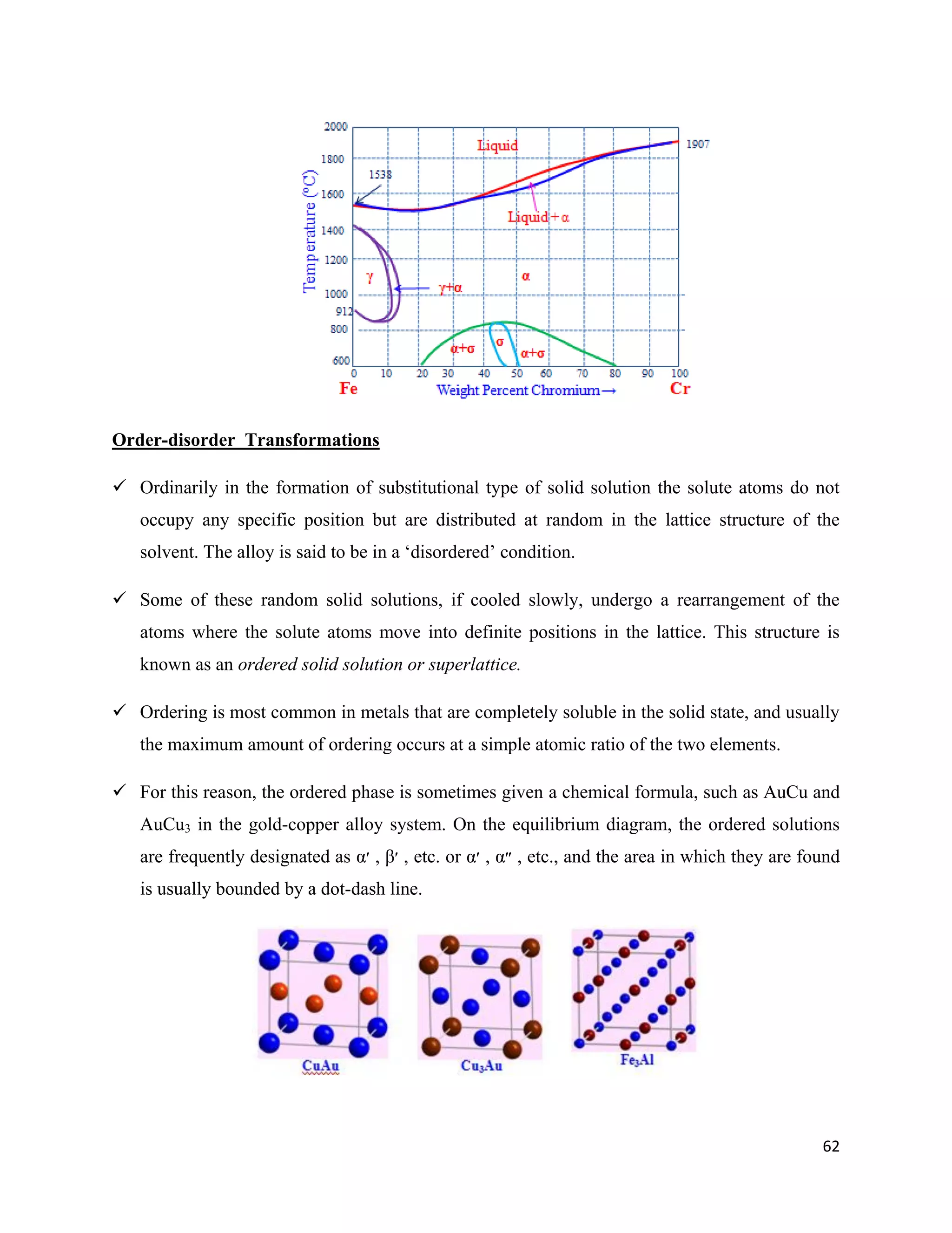 62
Order-disorder Transformations
 Ordinarily in the formation of substitutional type of solid solution the solute atoms do not
occupy any specific position but are distributed at random in the lattice structure of the
solvent. The alloy is said to be in a ‘disordered’ condition.
 Some of these random solid solutions, if cooled slowly, undergo a rearrangement of the
atoms where the solute atoms move into definite positions in the lattice. This structure is
known as an ordered solid solution or superlattice.
 Ordering is most common in metals that are completely soluble in the solid state, and usually
the maximum amount of ordering occurs at a simple atomic ratio of the two elements.
 For this reason, the ordered phase is sometimes given a chemical formula, such as AuCu and
AuCu3 in the gold-copper alloy system. On the equilibrium diagram, the ordered solutions
are frequently designated as α‫׳‬ , β‫׳‬ , etc. or α‫׳‬ , α‫״‬ , etc., and the area in which they are found
is usually bounded by a dot-dash line.
 