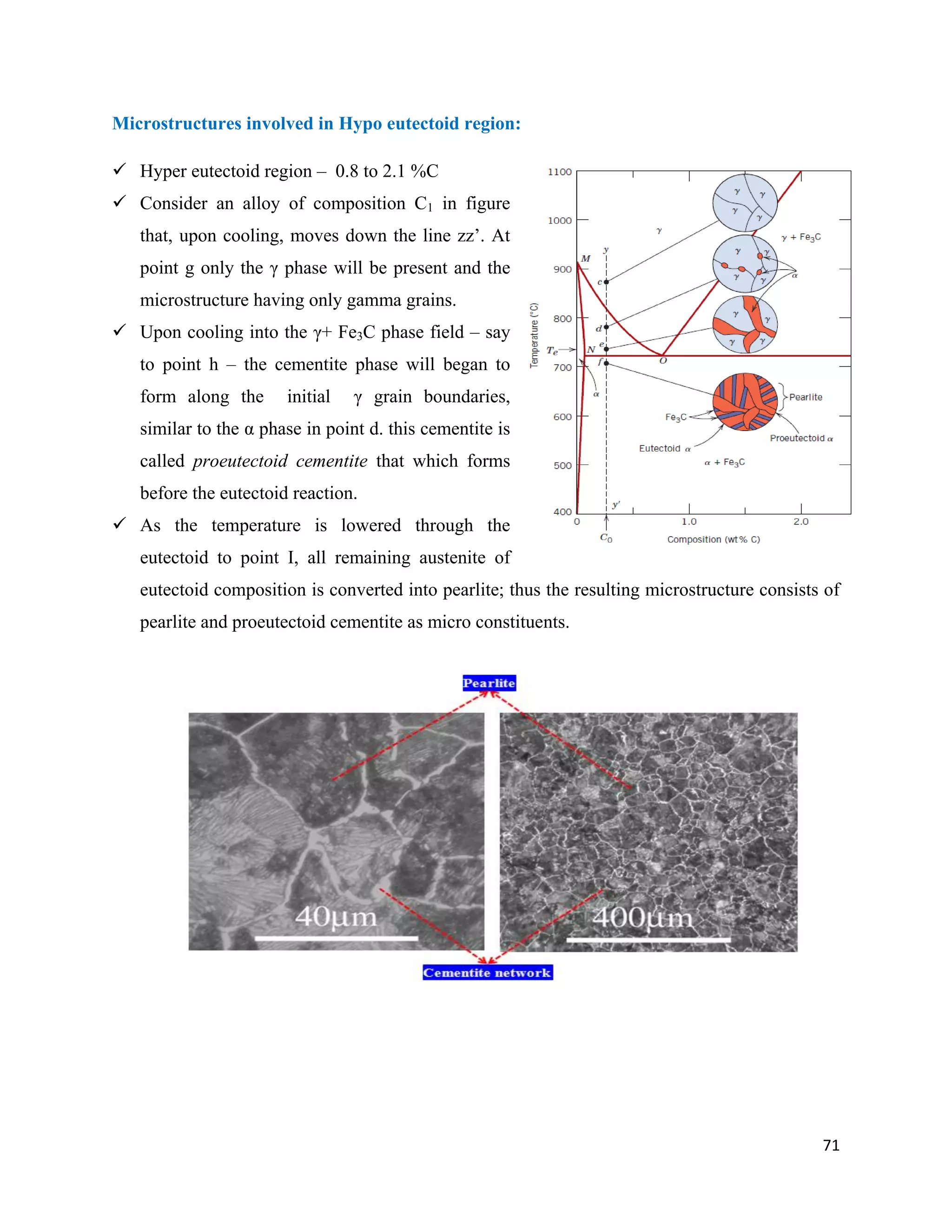 71
Microstructures involved in Hypo eutectoid region:
 Hyper eutectoid region – 0.8 to 2.1 %C
 Consider an alloy of composition C1 in figure
that, upon cooling, moves down the line zz’. At
point g only the γ phase will be present and the
microstructure having only gamma grains.
 Upon cooling into the γ+ Fe3C phase field – say
to point h – the cementite phase will began to
form along the initial γ grain boundaries,
similar to the α phase in point d. this cementite is
called proeutectoid cementite that which forms
before the eutectoid reaction.
 As the temperature is lowered through the
eutectoid to point I, all remaining austenite of
eutectoid composition is converted into pearlite; thus the resulting microstructure consists of
pearlite and proeutectoid cementite as micro constituents.
 