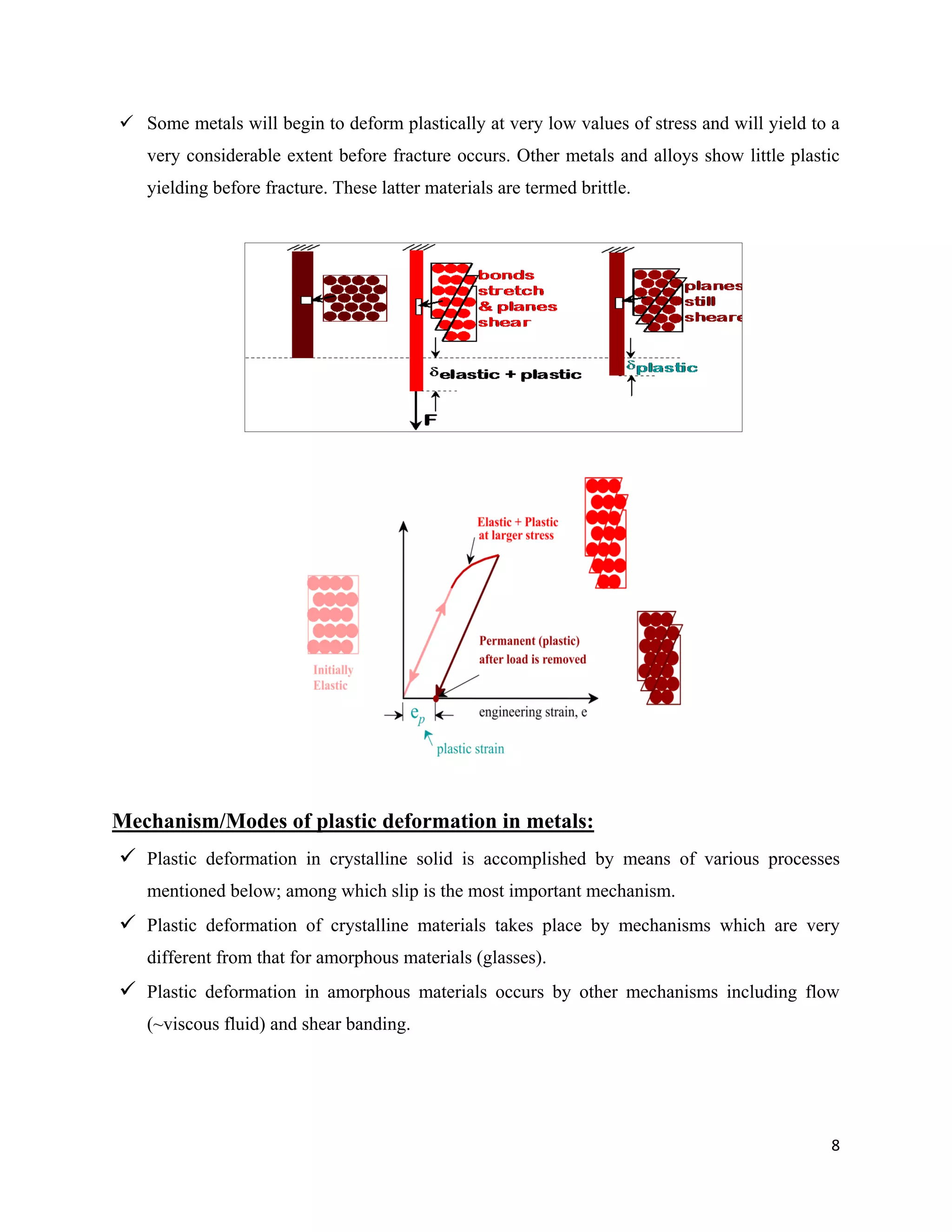8
 Some metals will begin to deform plastically at very low values of stress and will yield to a
very considerable extent before fracture occurs. Other metals and alloys show little plastic
yielding before fracture. These latter materials are termed brittle.
Mechanism/Modes of plastic deformation in metals:
 Plastic deformation in crystalline solid is accomplished by means of various processes
mentioned below; among which slip is the most important mechanism.
 Plastic deformation of crystalline materials takes place by mechanisms which are very
different from that for amorphous materials (glasses).
 Plastic deformation in amorphous materials occurs by other mechanisms including flow
(~viscous fluid) and shear banding.
 
